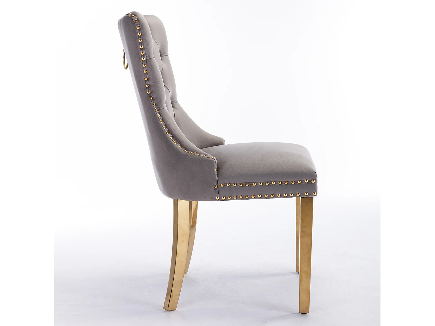 Chaise de salle à manger moderne, velours gris, pieds en bois, clous décoratifs, lot de 2 (65x50x95 cm)