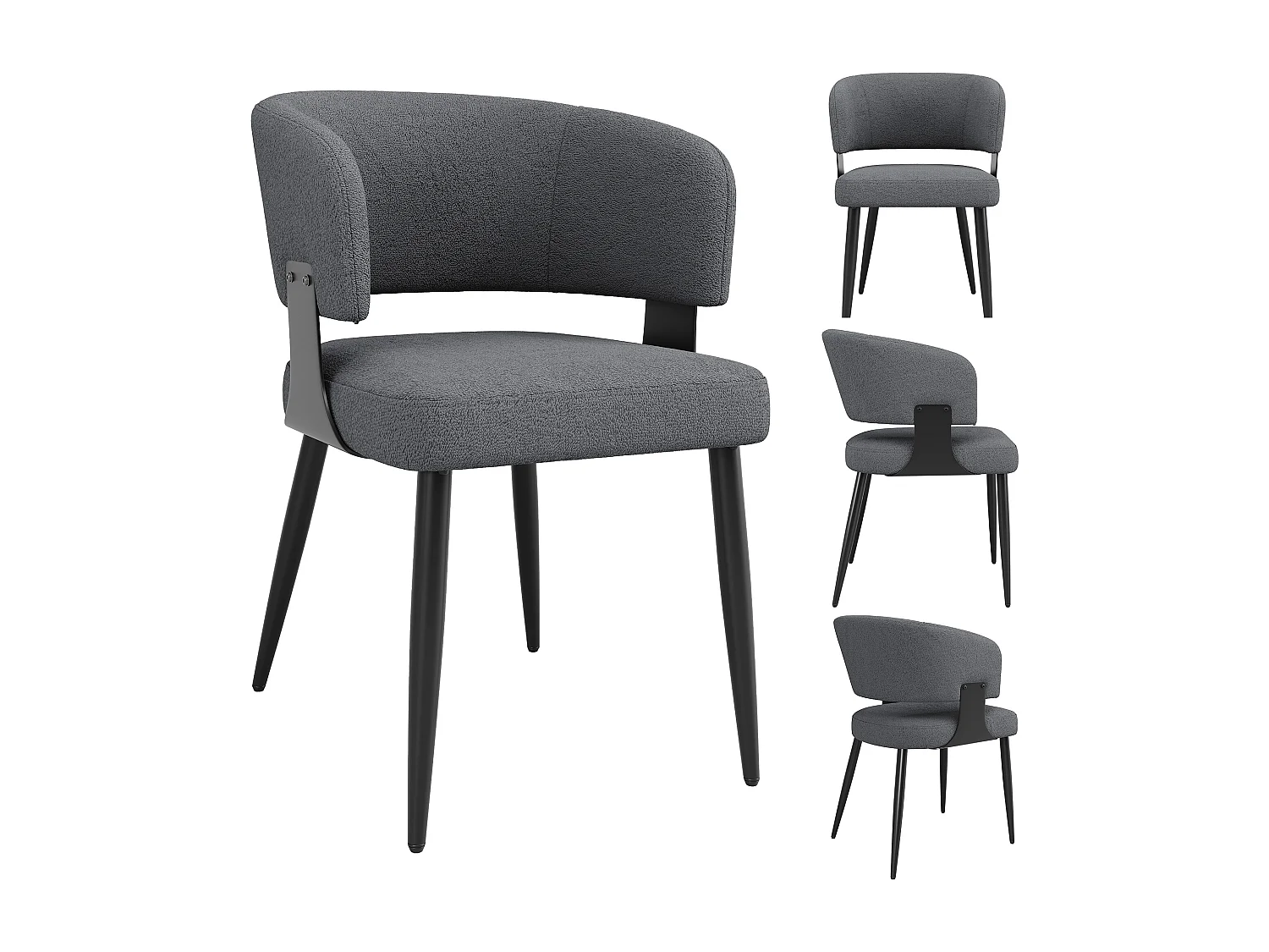 Chaise de salle à manger en tissu de laine (4 pièces), fauteuil de maquillage ergonomique avec dossier incurvé, en gris (59x46.5x81.5 cm)