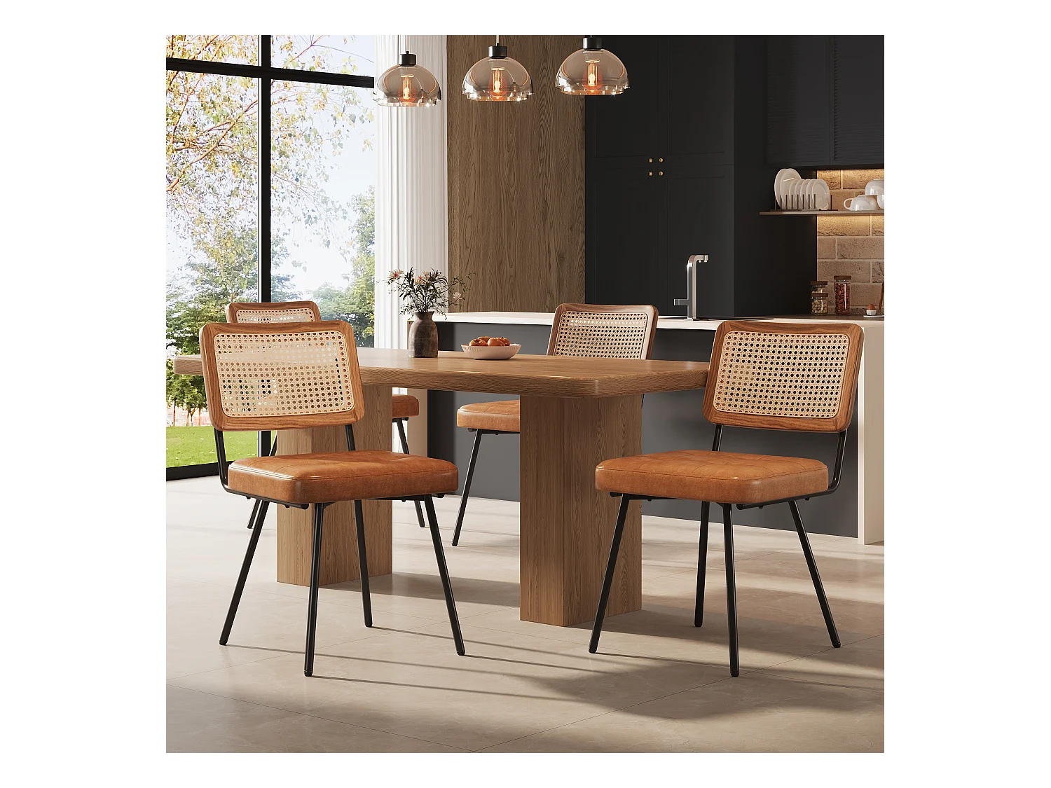 Chaise de salle à manger en simili cuir (4 pièces), fauteuil lounge en rotin, chaise ergonomique rétro avec pieds métalliques(61x46x79 cm)