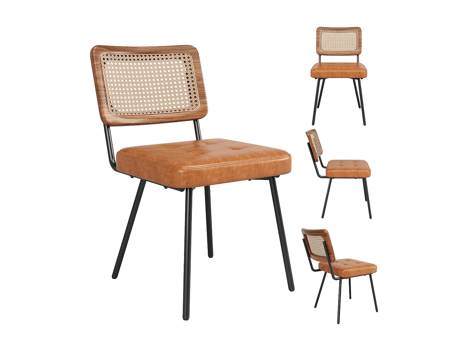 Chaise de salle à manger en simili cuir (4 pièces), fauteuil lounge en rotin, chaise ergonomique rétro avec pieds métalliques(61x46x79 cm)