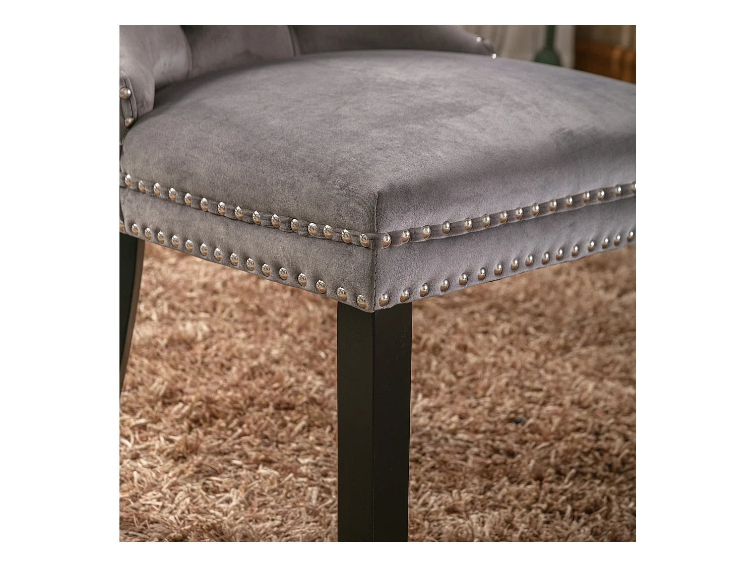 Chaise de salle à manger moderne, velours gris, pieds en bois, clous décoratifs, lot de 2 (65x50x95 cm)