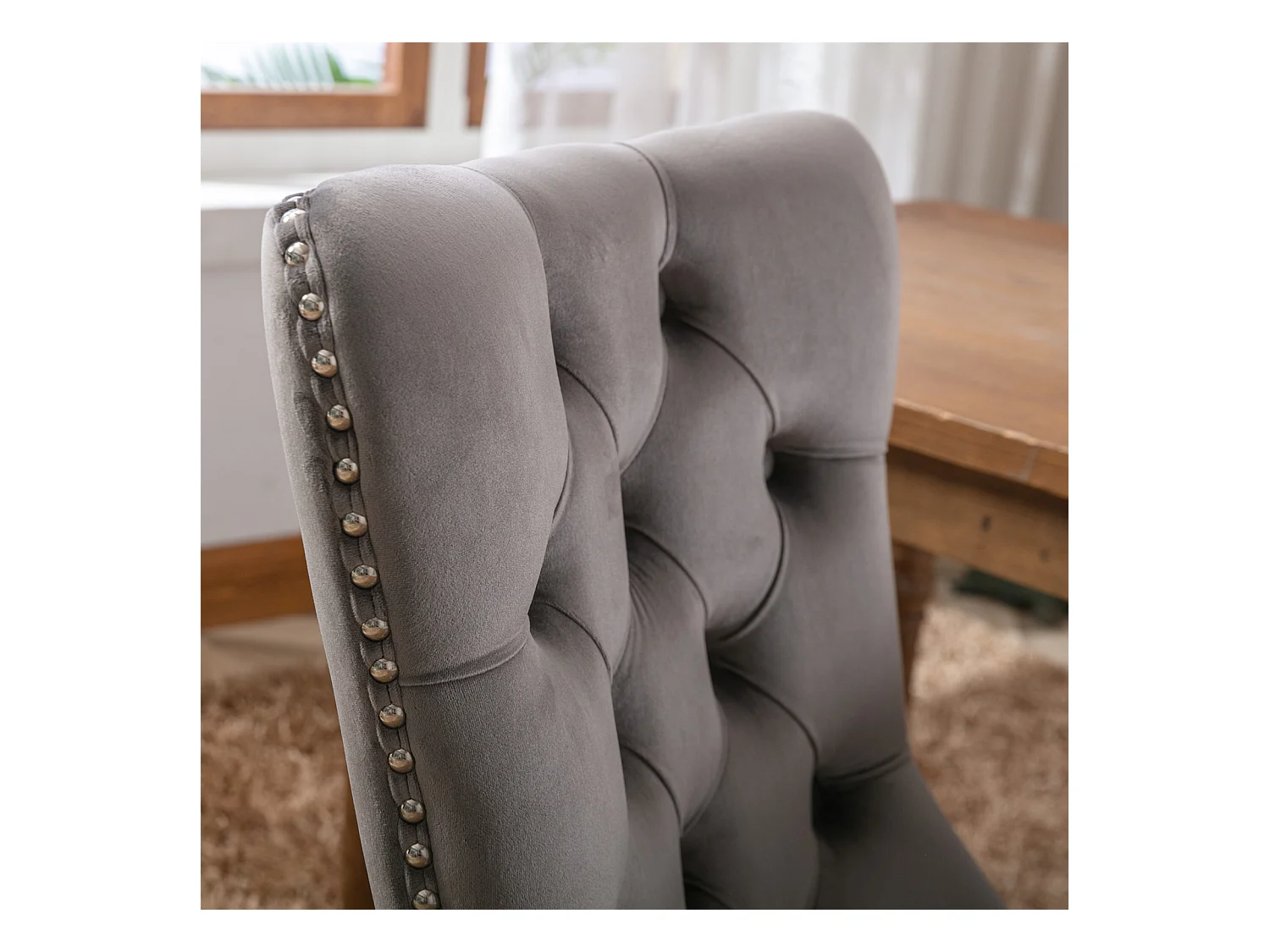 Chaise de salle à manger moderne, velours gris, pieds en bois, clous décoratifs, lot de 2 (65x50x95 cm)