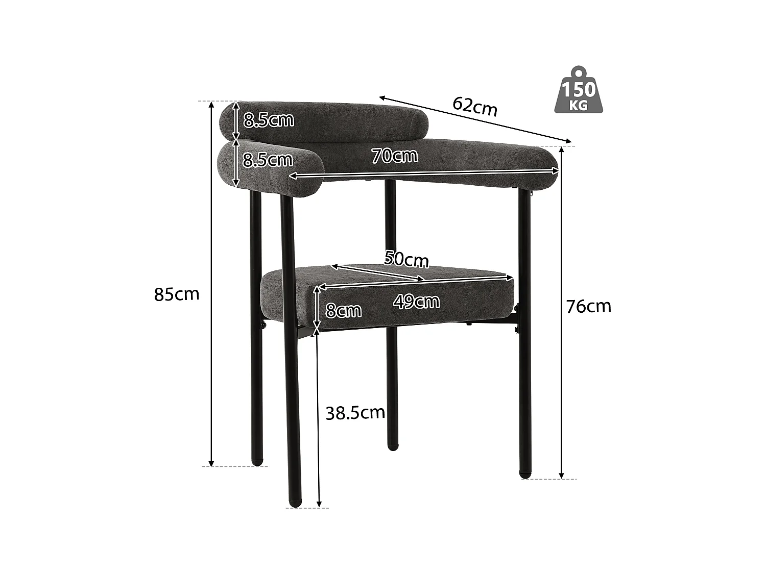 Chaises de salle à manger modernes, assises en velours gris, structure en métal, confort optimal (70x62x84 cm)