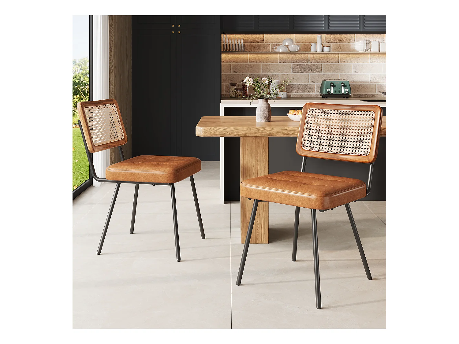 Chaise de salle à manger en simili cuir (2 pièces), fauteuil de maquillage ergonomique, métal, marron (61x46x79 cm)