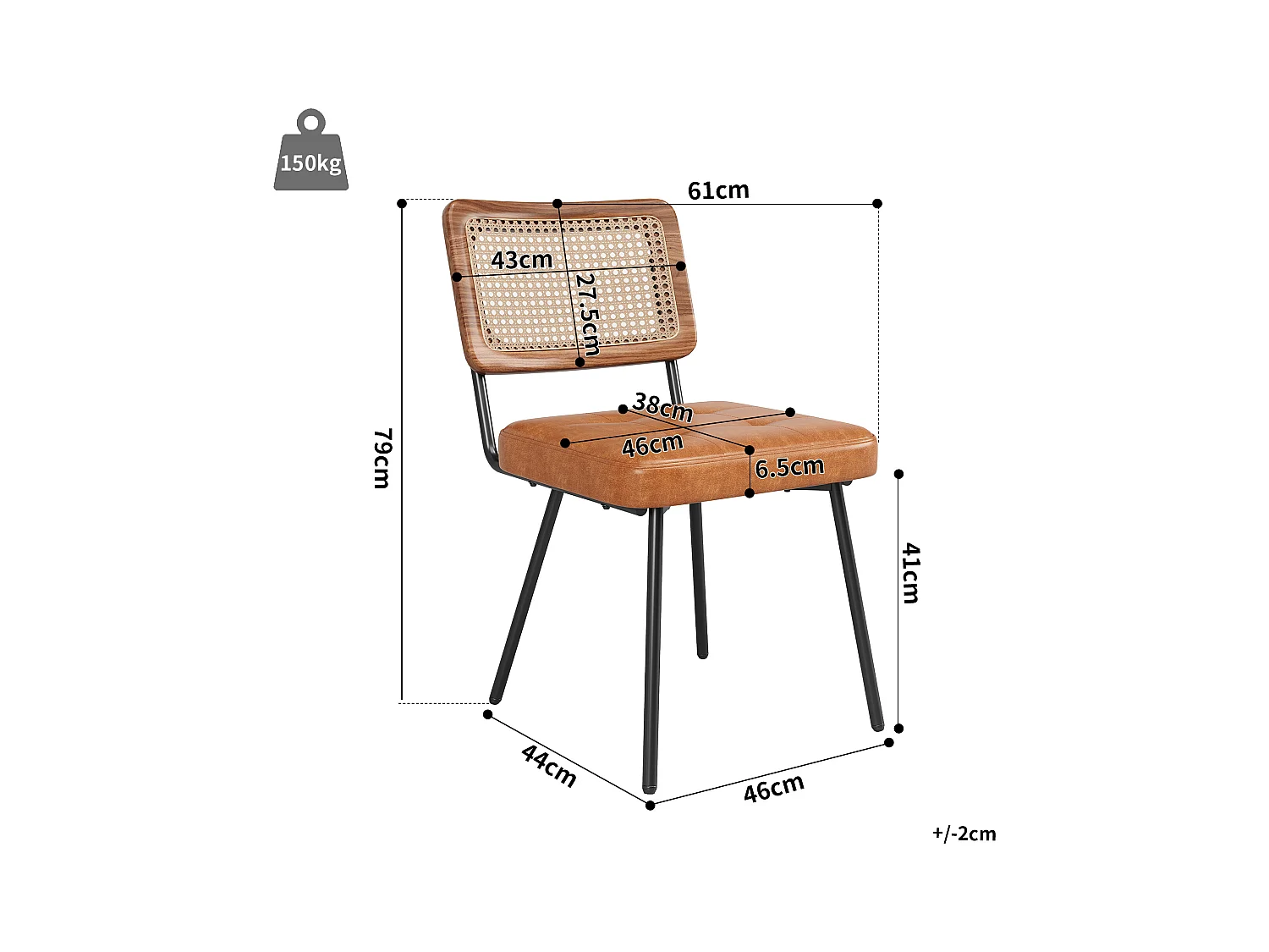 Chaise de salle à manger en simili cuir (2 pièces), fauteuil de maquillage ergonomique, métal, marron (61x46x79 cm)