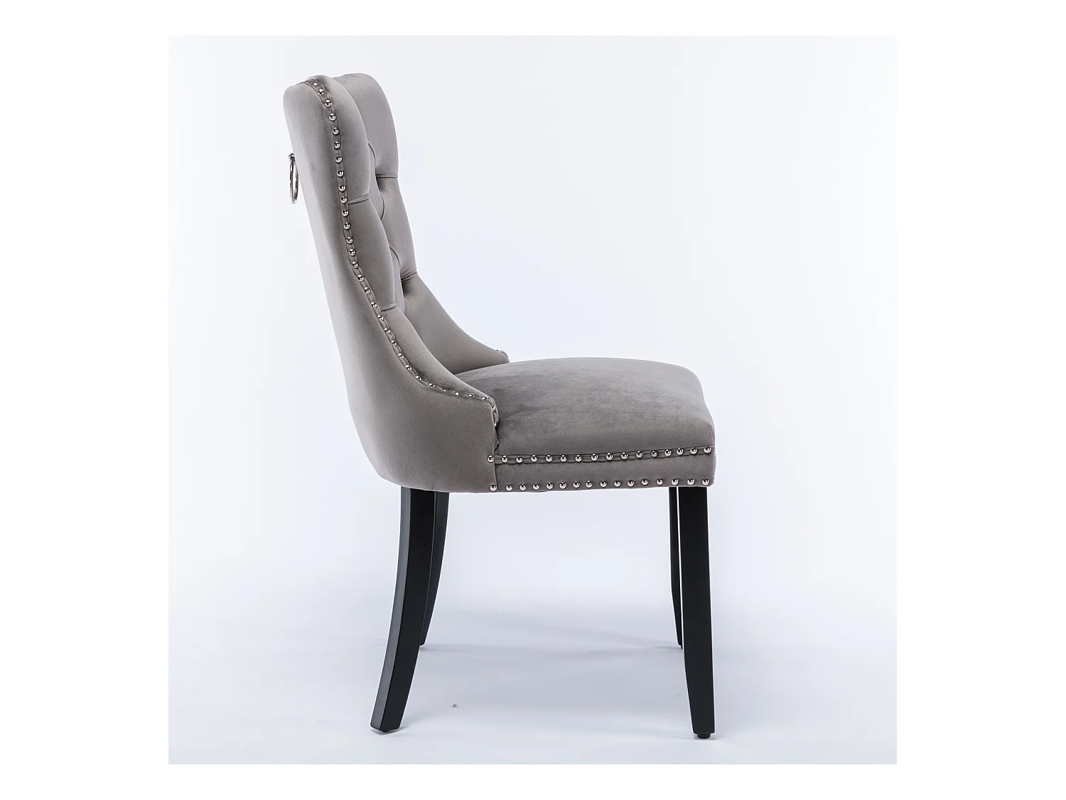 Chaise de salle à manger moderne, velours gris, pieds en bois, clous décoratifs, lot de 2 (65x50x95 cm)