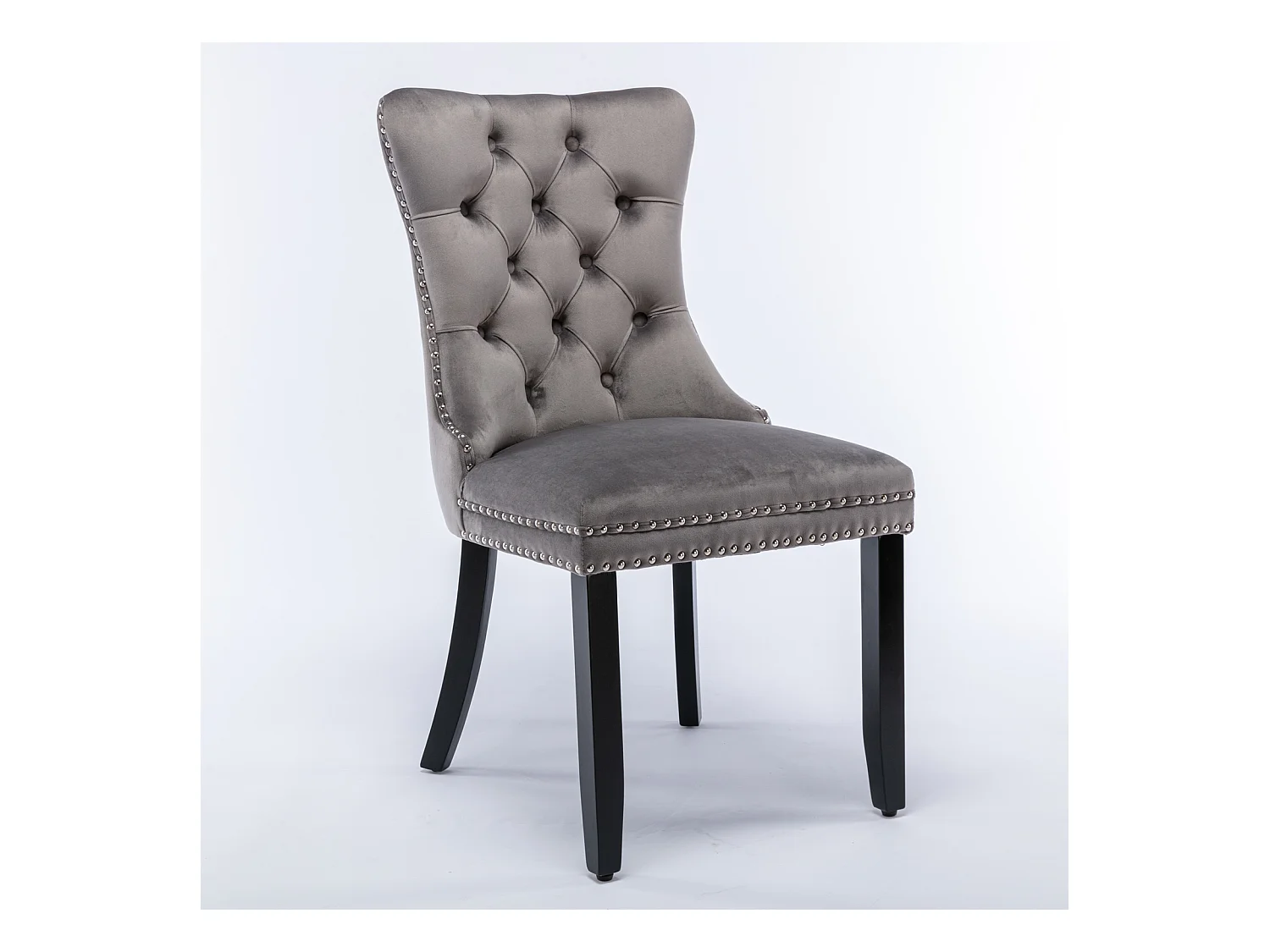 Sedia da pranzo moderna, velluto grigio, gambe in legno, chiodi decorativi, set da 2 (65x50x95 cm)