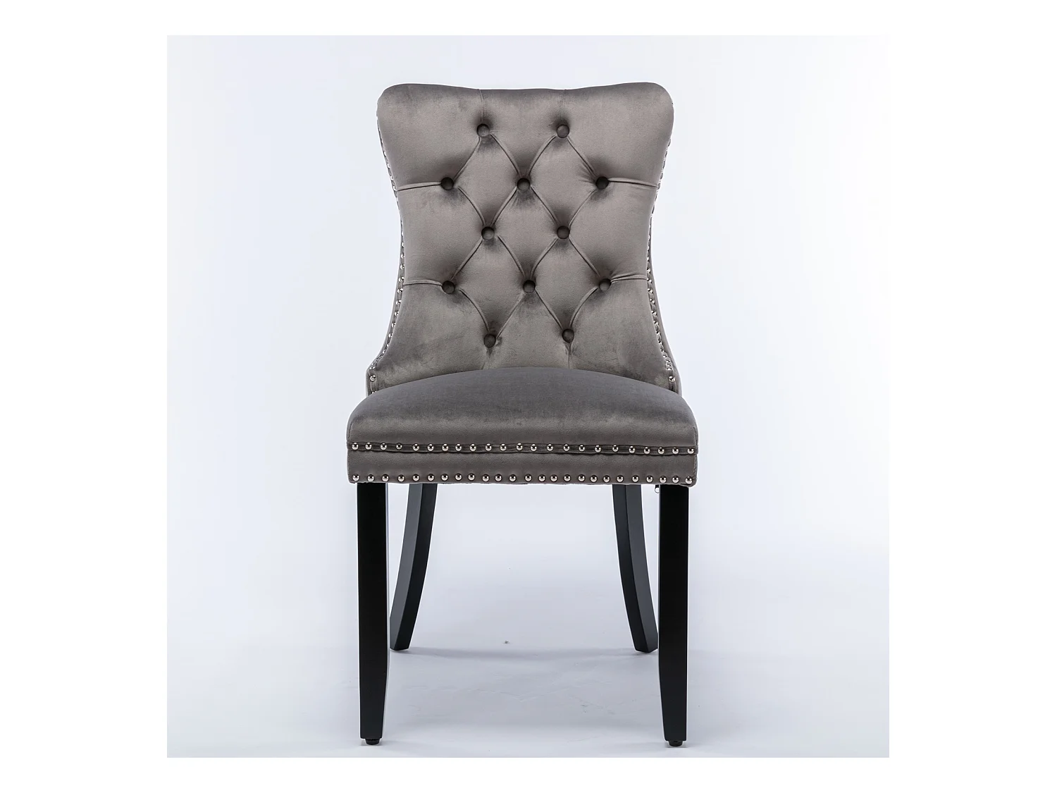 Sedia da pranzo moderna, velluto grigio, gambe in legno, chiodi decorativi, set da 2 (65x50x95 cm)