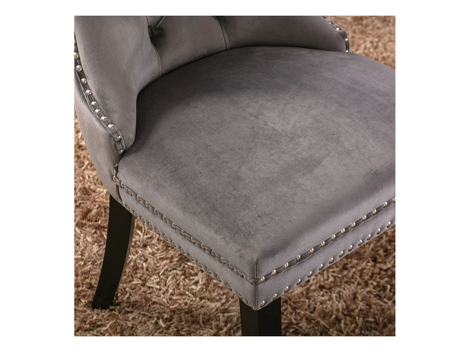 Sedia da pranzo moderna, velluto grigio, gambe in legno, chiodi decorativi, set da 2 (65x50x95 cm)