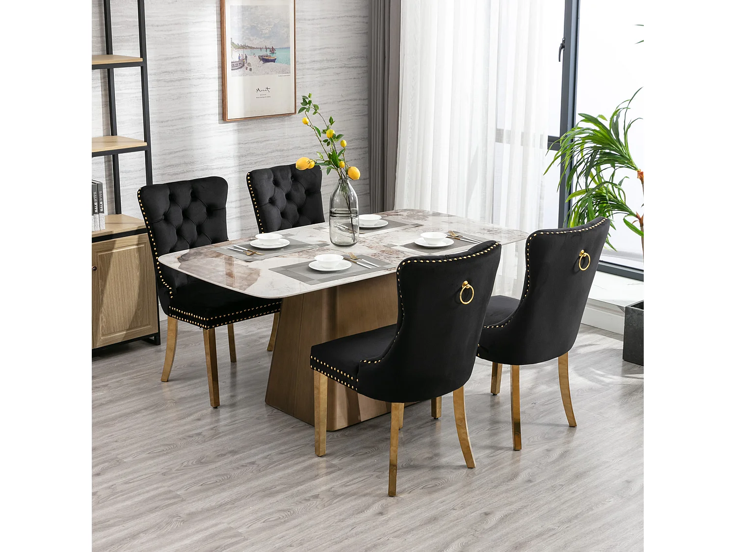 Moderne eetkamerstoel, grijs fluweel, gouden roestvrijstalen poten, met decoratieve nagels, set van 2 (65x50x95 cm)