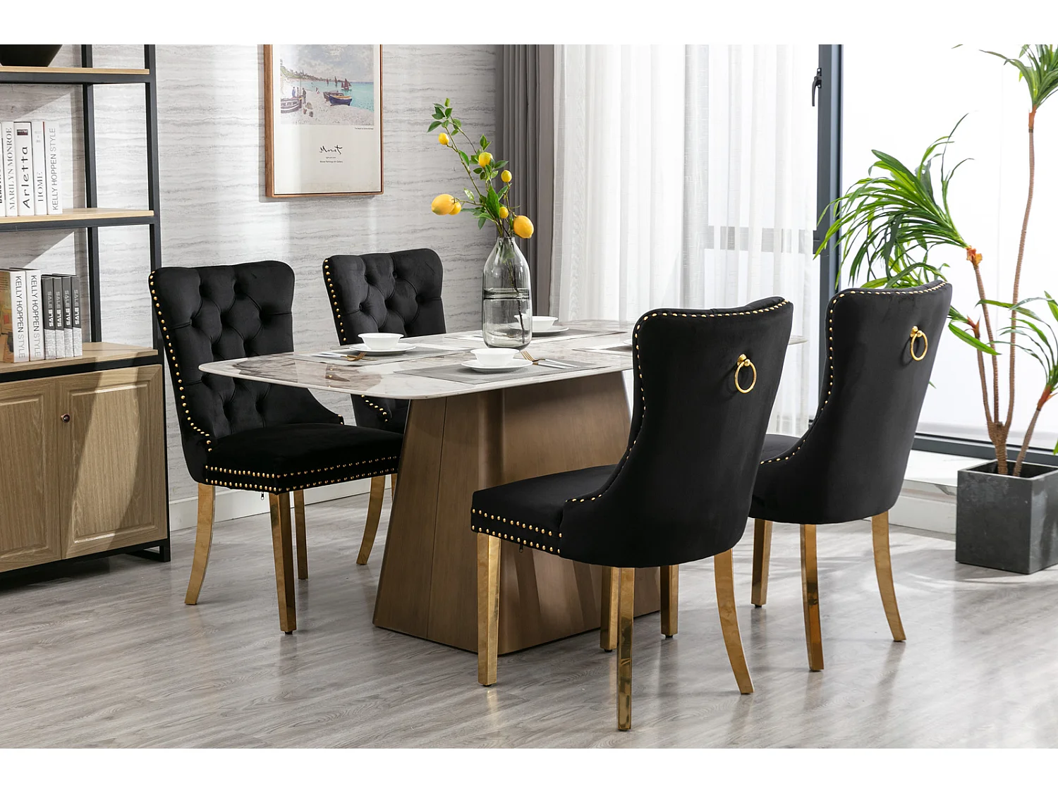 Moderne eetkamerstoel, grijs fluweel, gouden roestvrijstalen poten, met decoratieve nagels, set van 2 (65x50x95 cm)