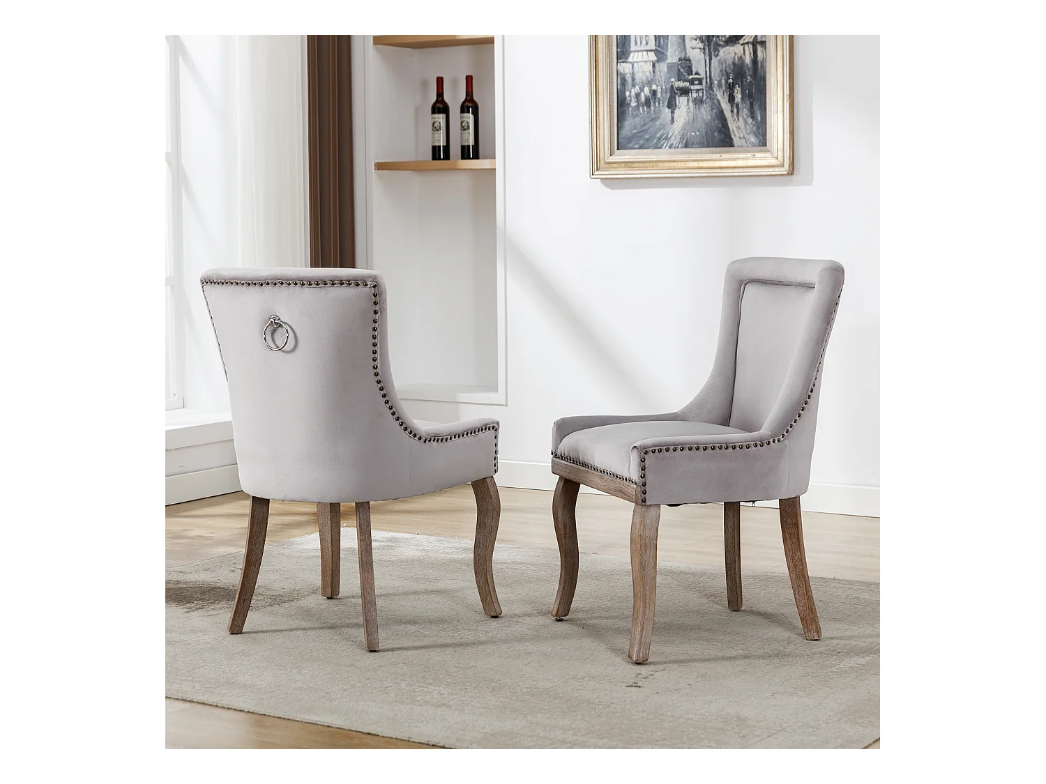 Chaise de salle à manger luxueuse, fauteuil avec clous décoratifs et structure en bois massif, revêtement en velours, gris (55x61x91 cm)