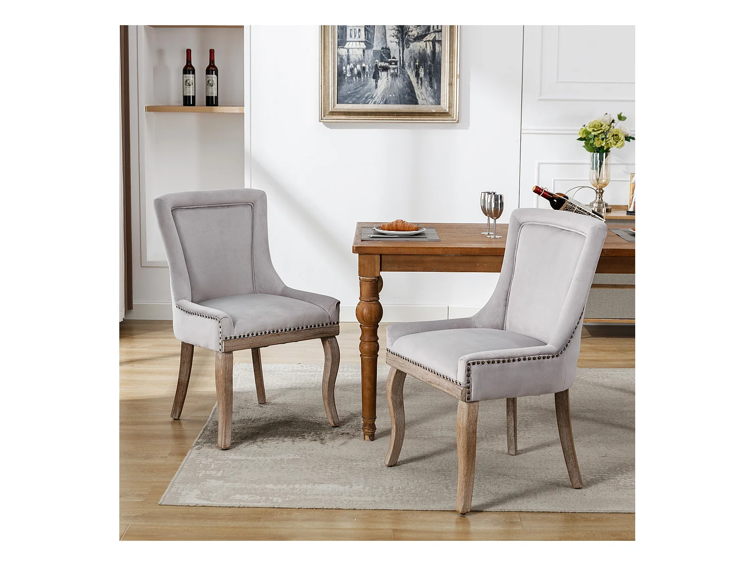 Chaise de salle à manger luxueuse, fauteuil avec clous décoratifs et structure en bois massif, revêtement en velours, gris (55x61x91 cm)