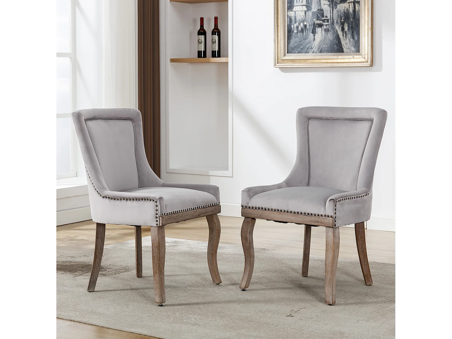 Chaise de salle à manger luxueuse, fauteuil avec clous décoratifs et structure en bois massif, revêtement en velours, gris (55x61x91 cm)