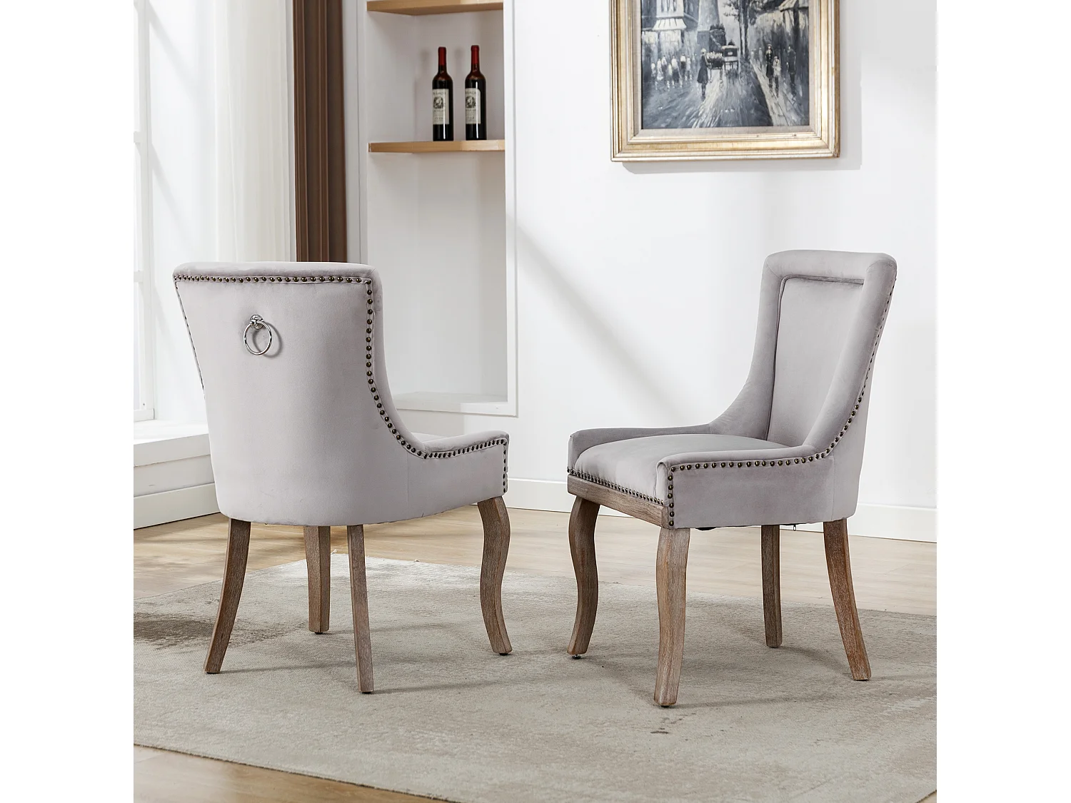 Chaise de salle à manger luxueuse, fauteuil avec clous décoratifs et structure en bois massif, revêtement en velours, gris (55x61x91 cm)