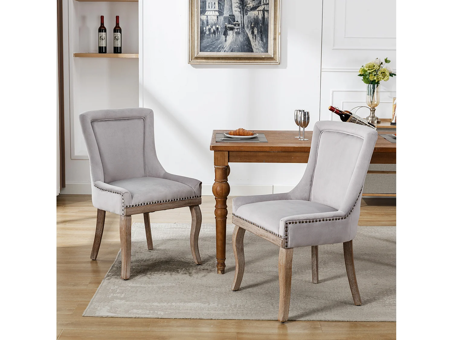 Chaise de salle à manger luxueuse, fauteuil avec clous décoratifs et structure en bois massif, revêtement en velours, gris (55x61x91 cm)