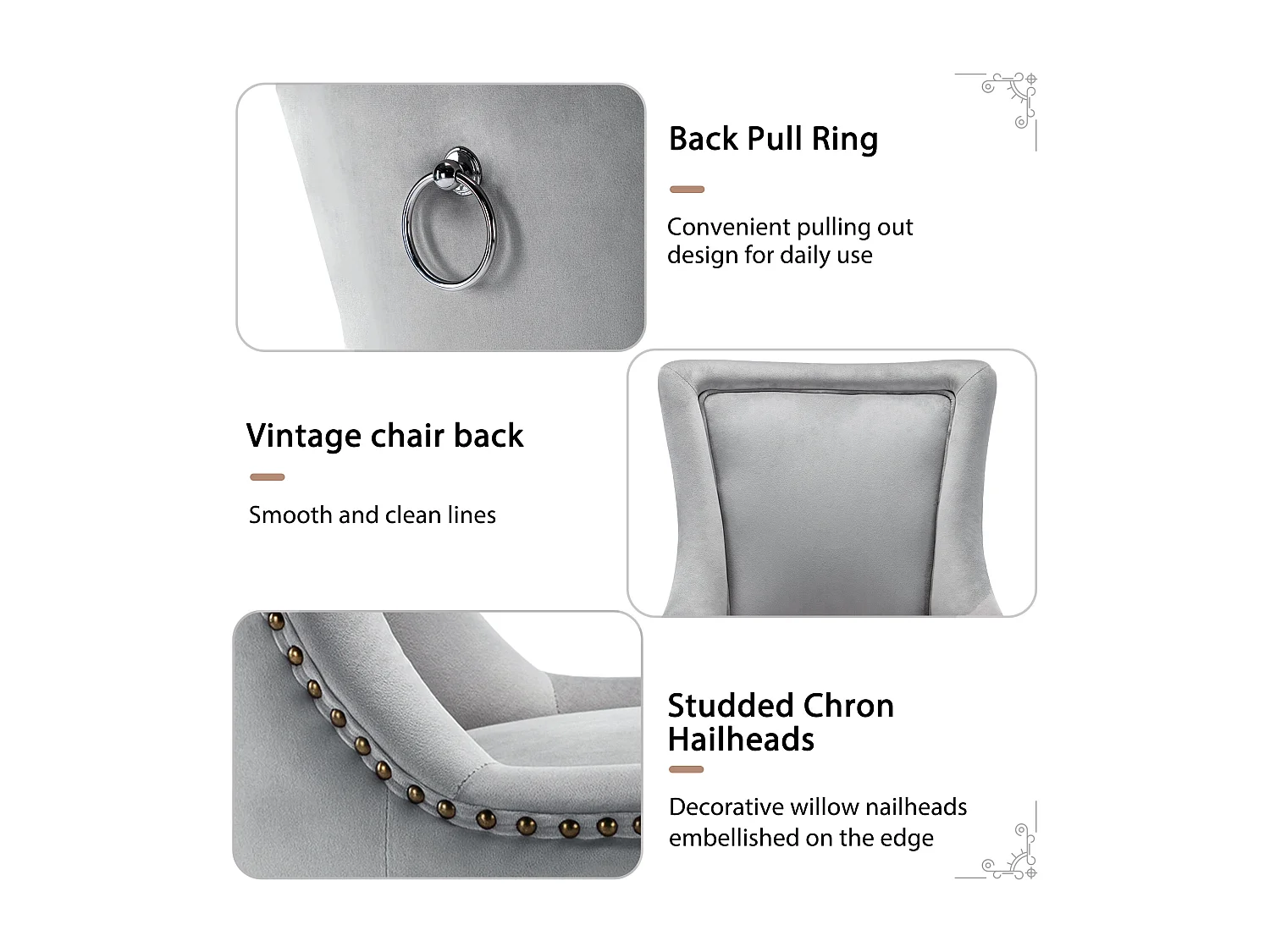 Chaise de salle à manger luxueuse, fauteuil avec clous décoratifs et structure en bois massif, revêtement en velours, gris (55x61x91 cm)