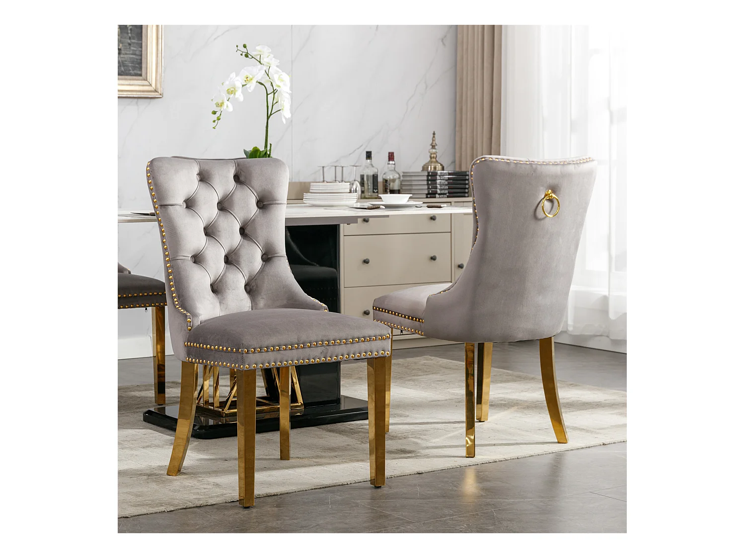 Chaise de salle à manger moderne, velours gris, pieds en bois, clous décoratifs, lot de 2 (65x50x95 cm)