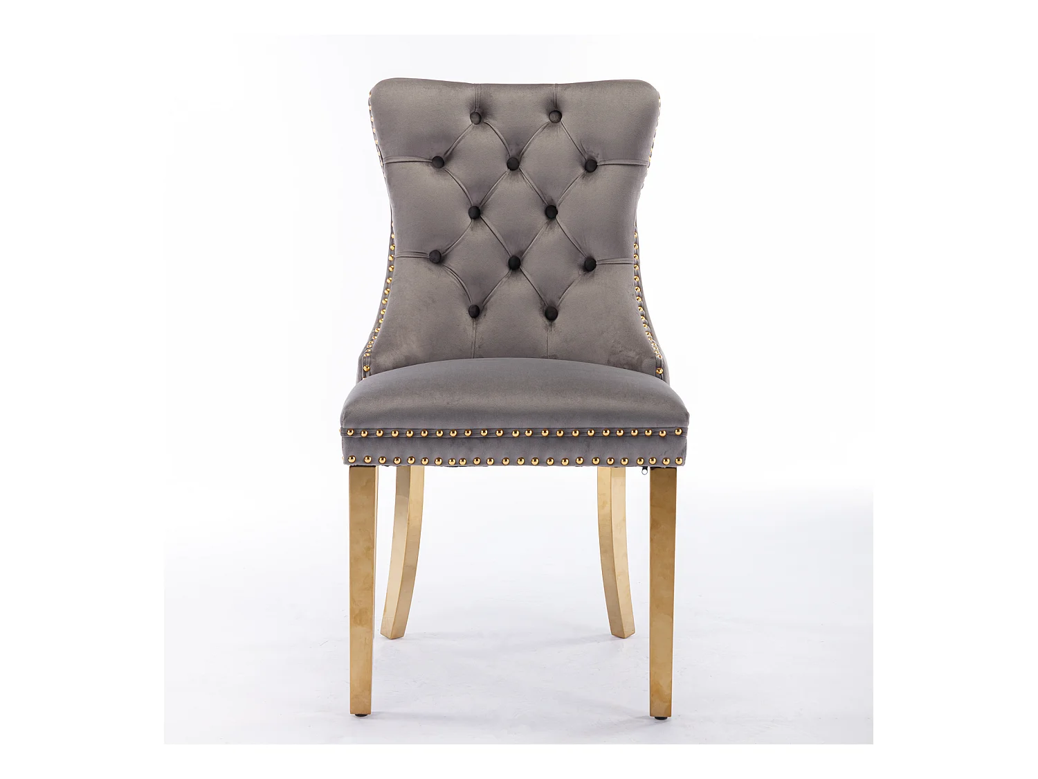 Chaise de salle à manger moderne, velours gris, pieds en bois, clous décoratifs, lot de 2 (65x50x95 cm)