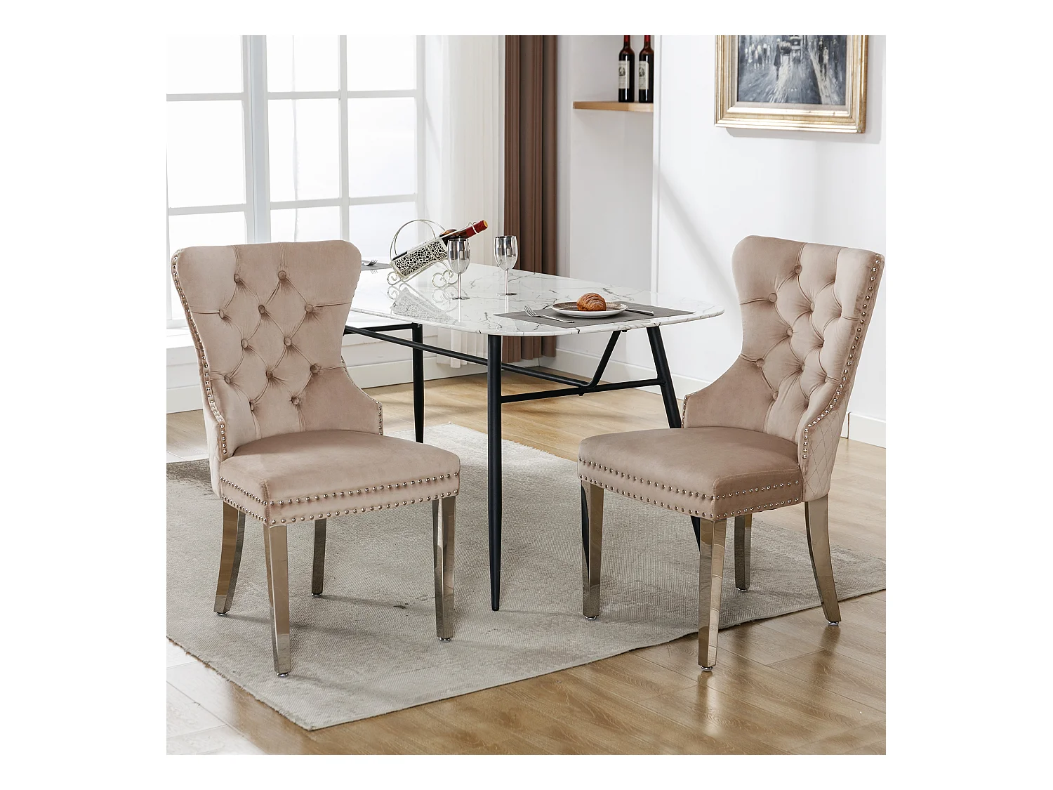 Chaise de salle à manger (6 pièces), fauteuil lounge avec accoudoirs, velours, clous décoratifs, pieds en métal, Beige (53x62.5x94.5 cm)