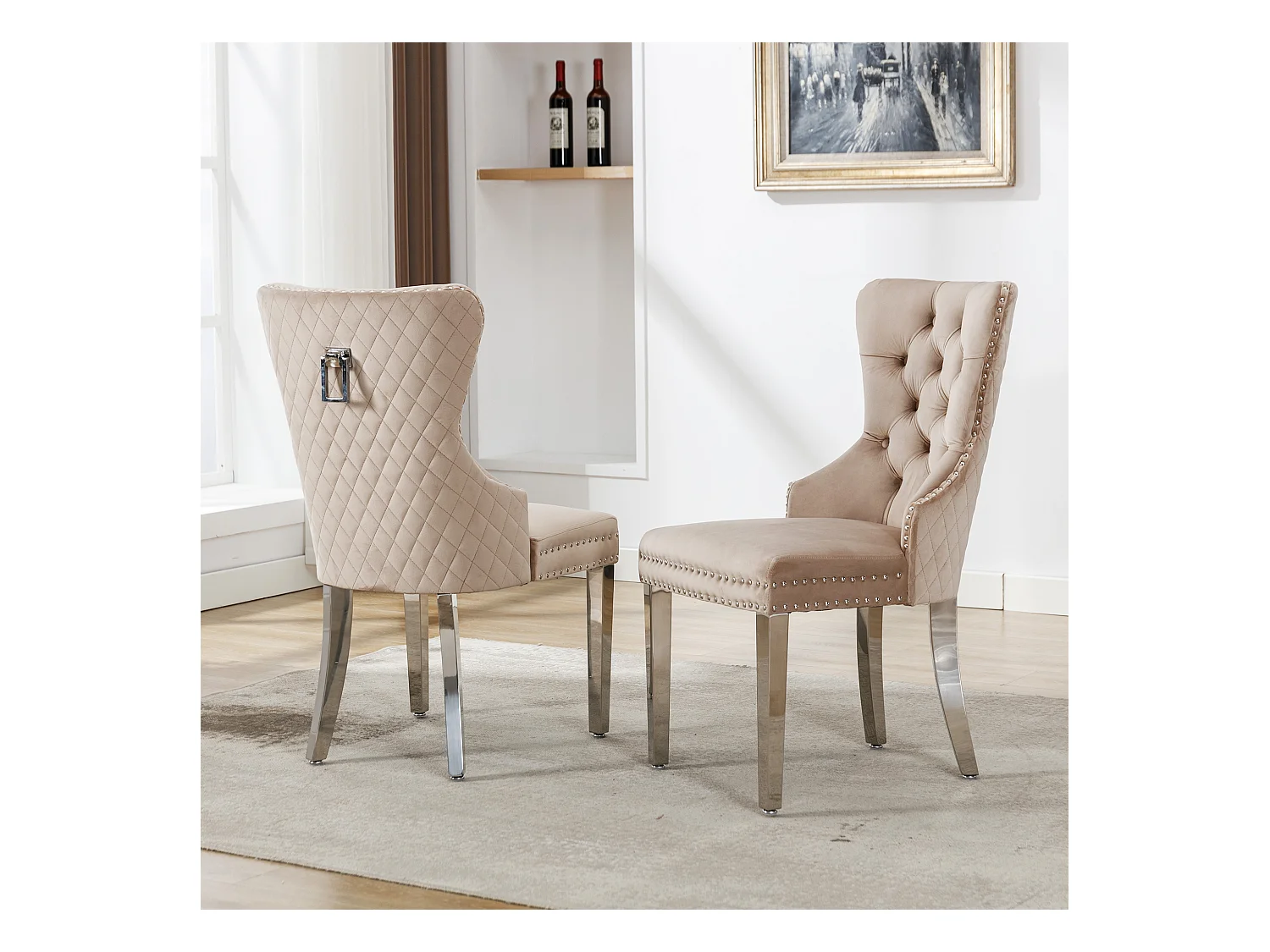 Chaise de salle à manger (6 pièces), fauteuil lounge avec accoudoirs, velours, clous décoratifs, pieds en métal, Beige (53x62.5x94.5 cm)