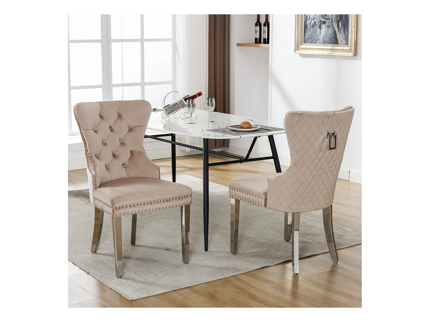 Eetkamerstoel (6 stuks), Lounge stoel met armleuningen, Fluweel, Decoratieve studs, Metalen poten, Beige (53x62,5x94,5 cm)
