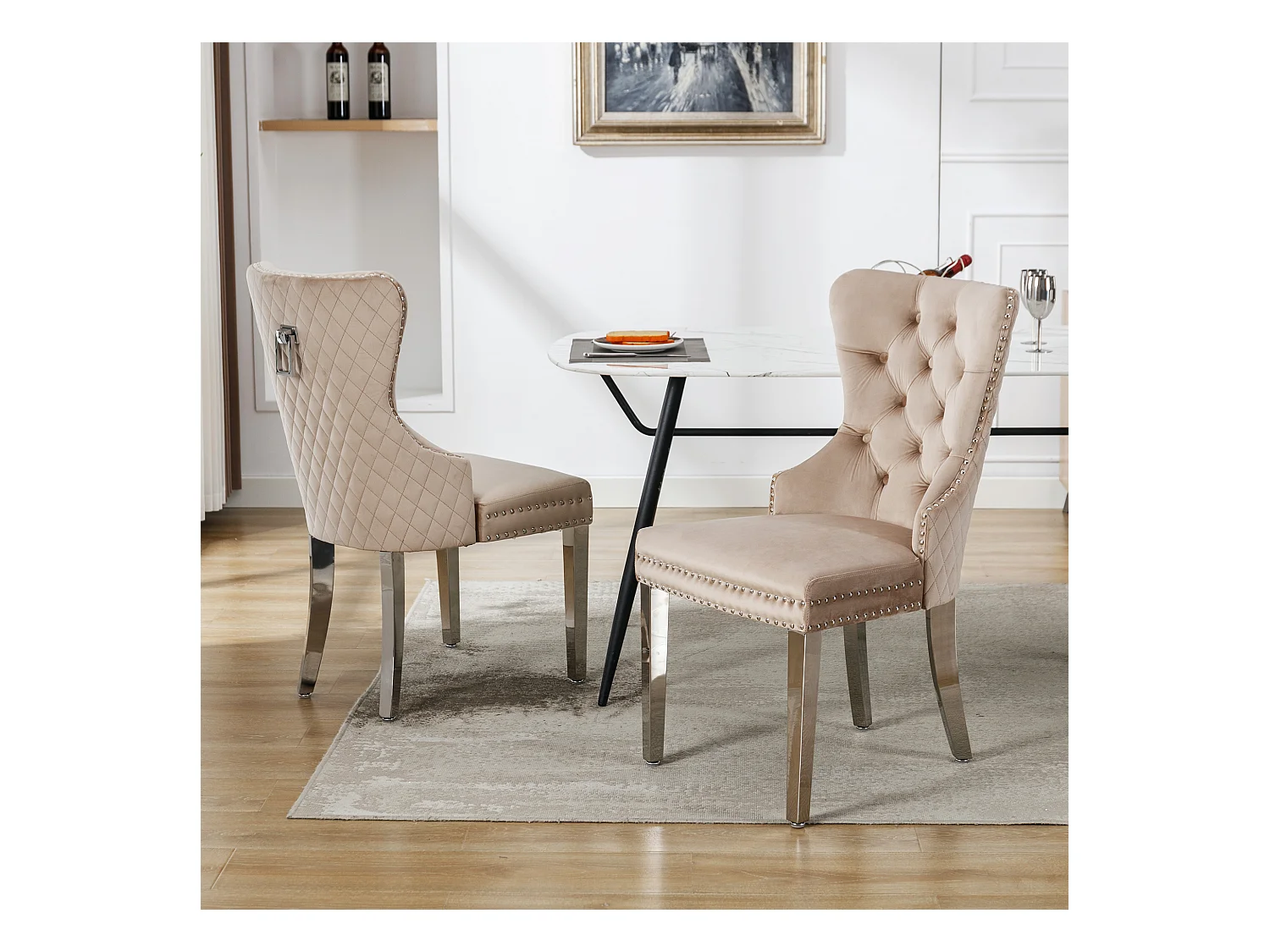 Chaise de salle à manger (6 pièces), fauteuil lounge avec accoudoirs, velours, clous décoratifs, pieds en métal, Beige (53x62.5x94.5 cm)