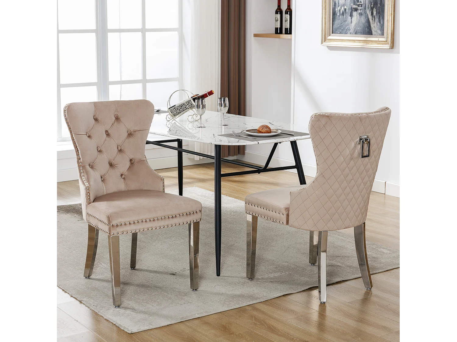 Chaise de salle à manger (6 pièces), fauteuil lounge avec accoudoirs, velours, clous décoratifs, pieds en métal, Beige (53x62.5x94.5 cm)