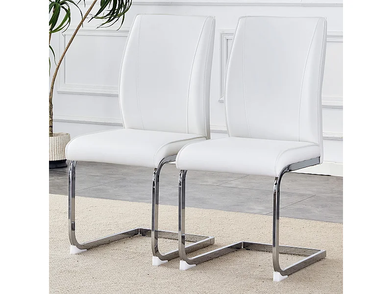 Chaise élégante en PU blanc, confort optimal, pieds métalliques argentés (44x44.5x99 cm)