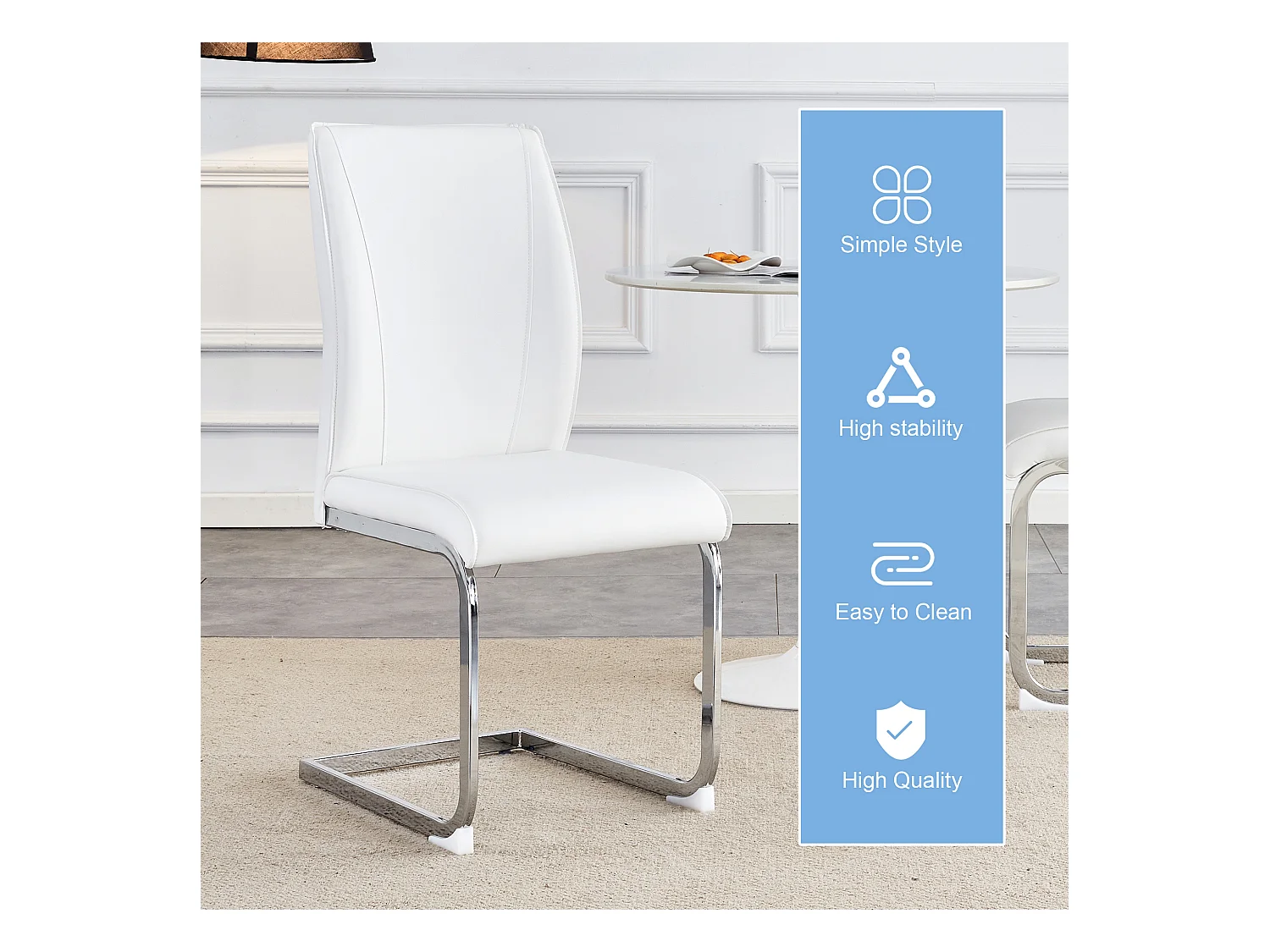 Elegante sedia in PU bianco, comfort ottimale, gambe in metallo argentato (44x44,5x99 cm)