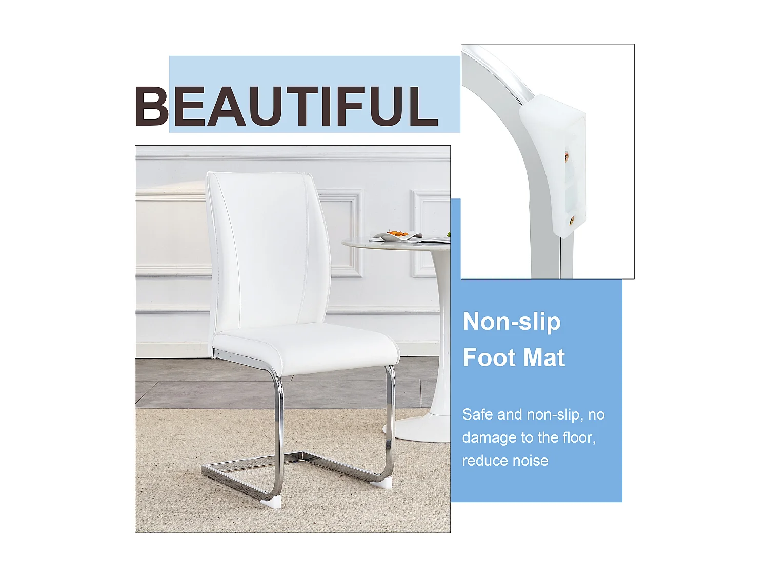 Chaise élégante en PU blanc, confort optimal, pieds métalliques argentés (44x44.5x99 cm)