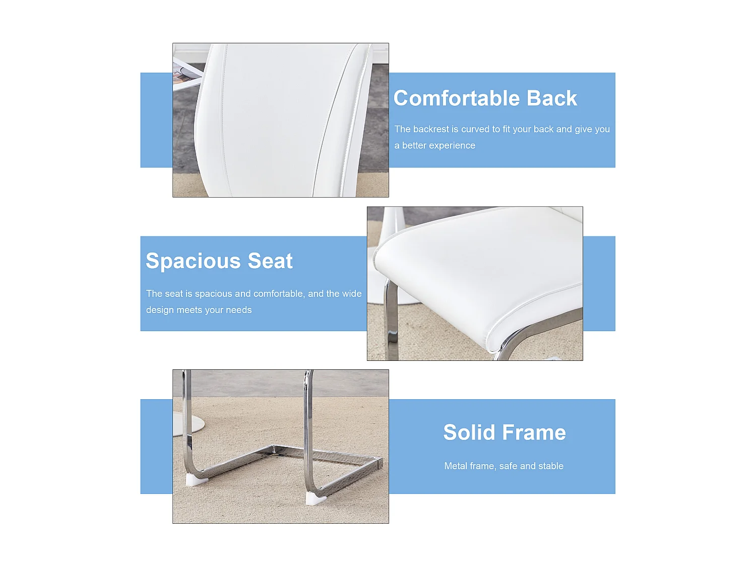 Chaise élégante en PU blanc, confort optimal, pieds métalliques argentés (44x44.5x99 cm)