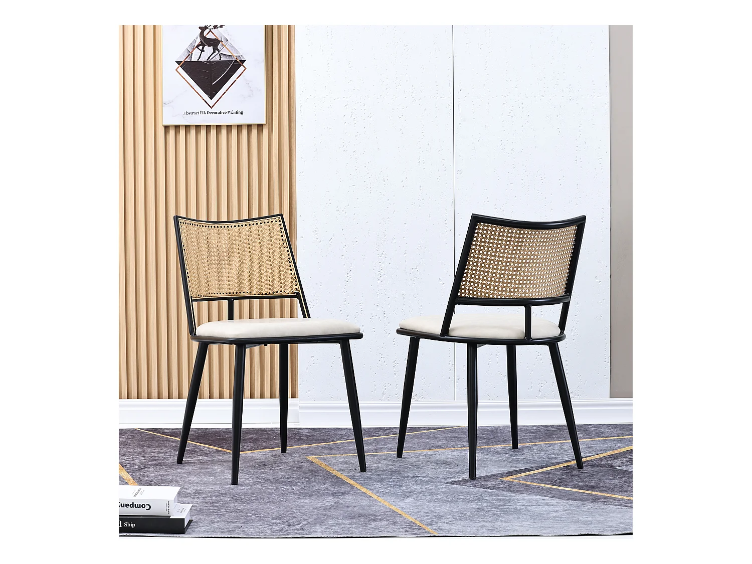 Chaise en rotin avec siège PU, design moderne, noir (60x59x49 cm)