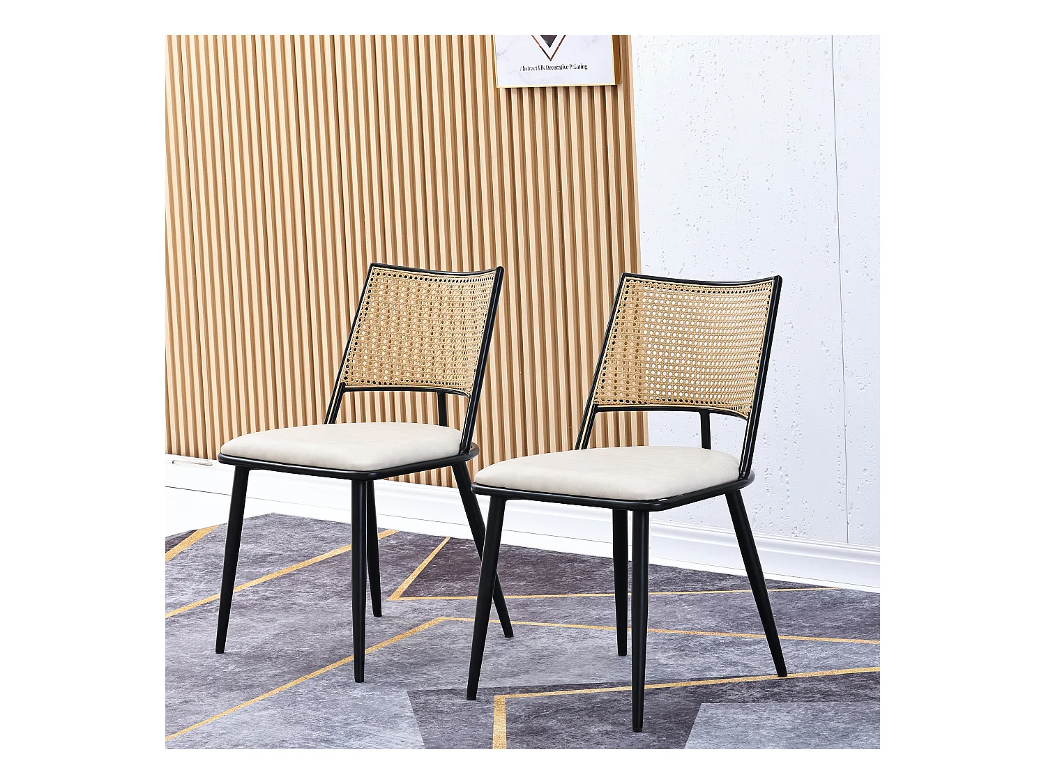 Chaise en rotin avec siège PU, design moderne, noir (60x59x49 cm)