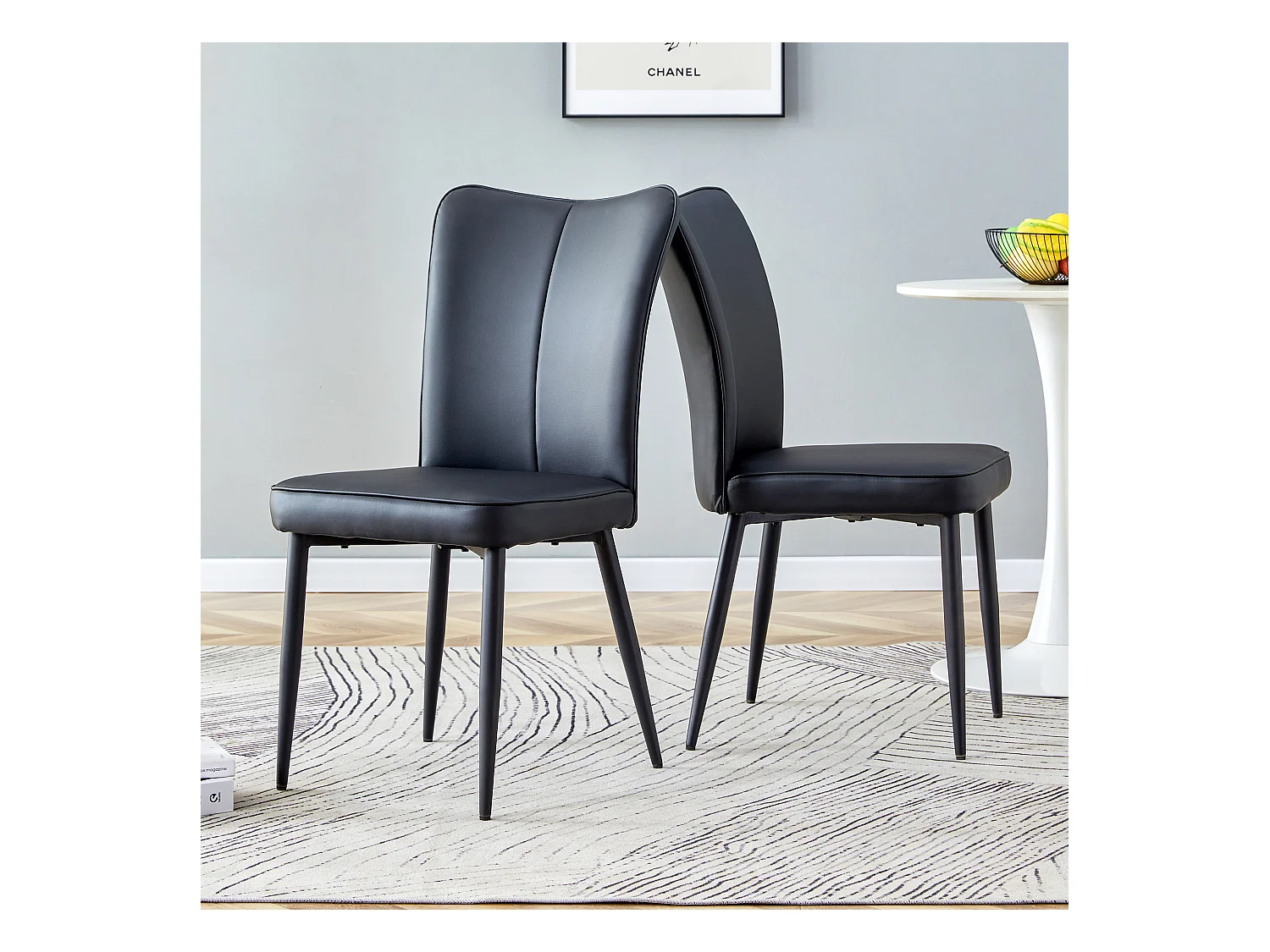 Sedia da pranzo moderna, PU nero, gambe in metallo nero, design minimalista (44x44,5x99 cm)