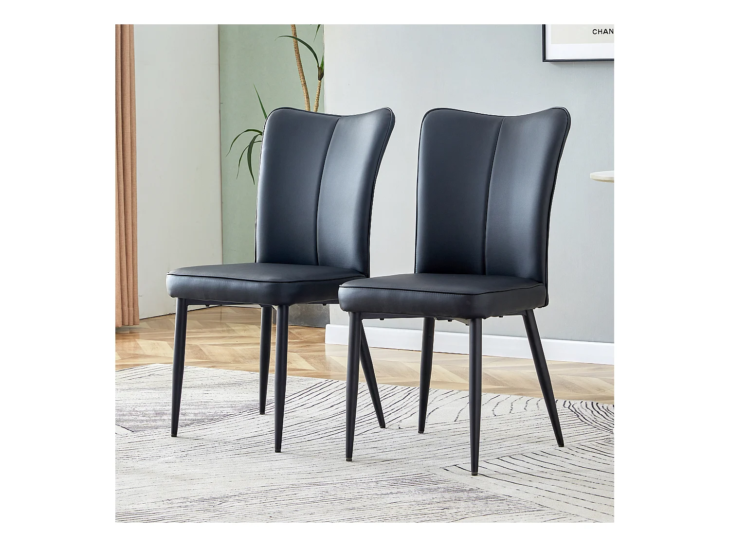 Sedia da pranzo moderna, PU nero, gambe in metallo nero, design minimalista (44x44,5x99 cm)