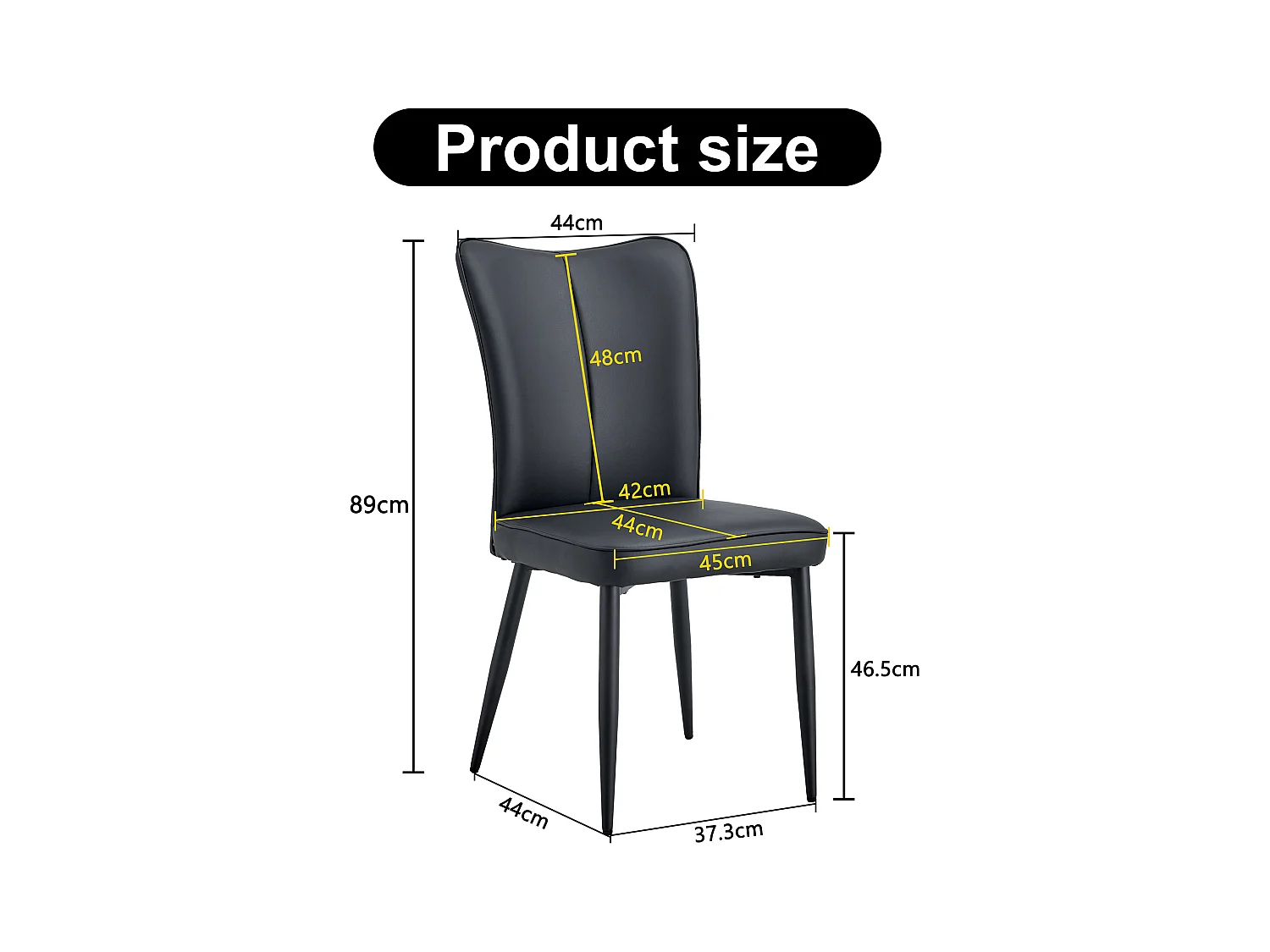 Sedia da pranzo moderna, PU nero, gambe in metallo nero, design minimalista (44x44,5x99 cm)