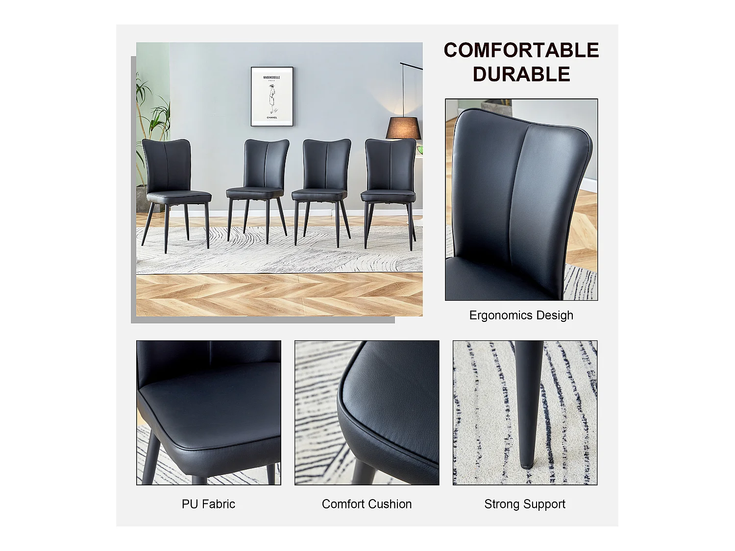 Sedia da pranzo moderna, PU nero, gambe in metallo nero, design minimalista (44x44,5x99 cm)