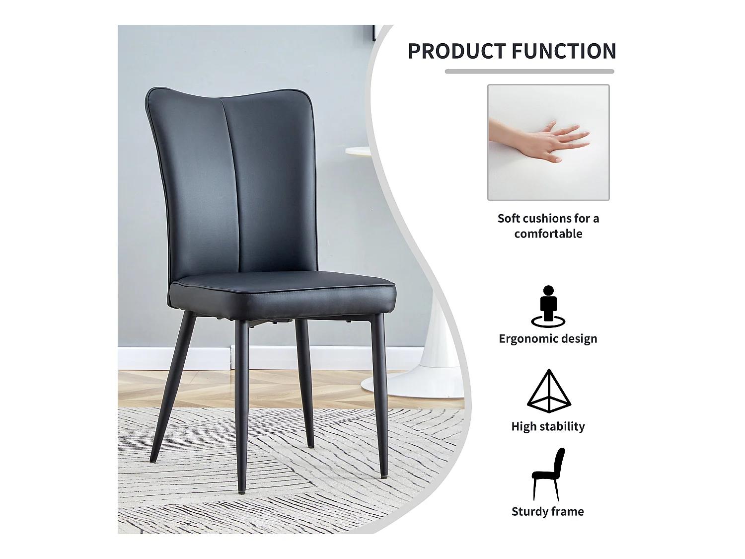 Sedia da pranzo moderna, PU nero, gambe in metallo nero, design minimalista (44x44,5x99 cm)