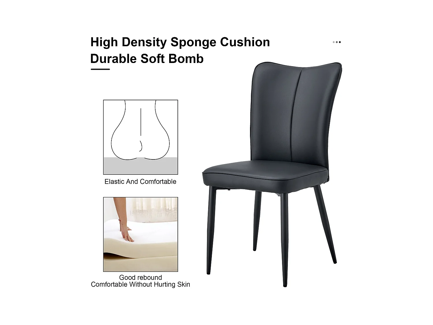 Sedia da pranzo moderna, PU nero, gambe in metallo nero, design minimalista (44x44,5x99 cm)