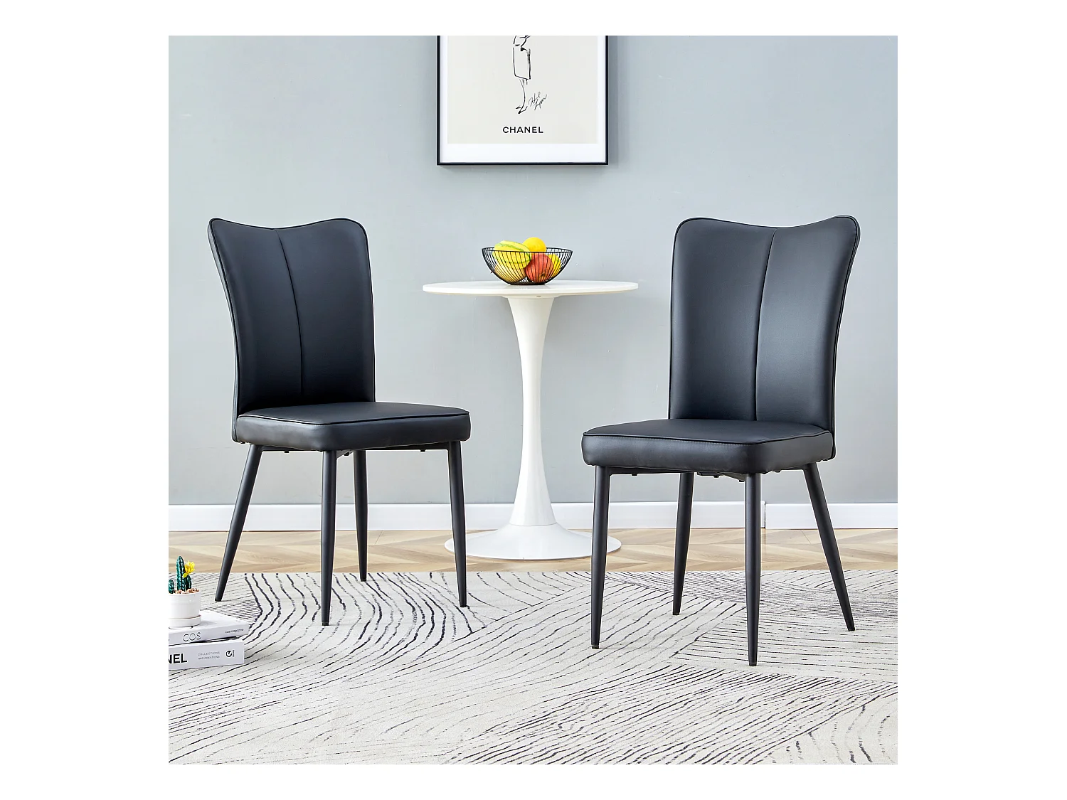 Chaise de salle à manger moderne, PU noir, pieds métalliques noirs, design minimaliste (44x44.5x99 cm)