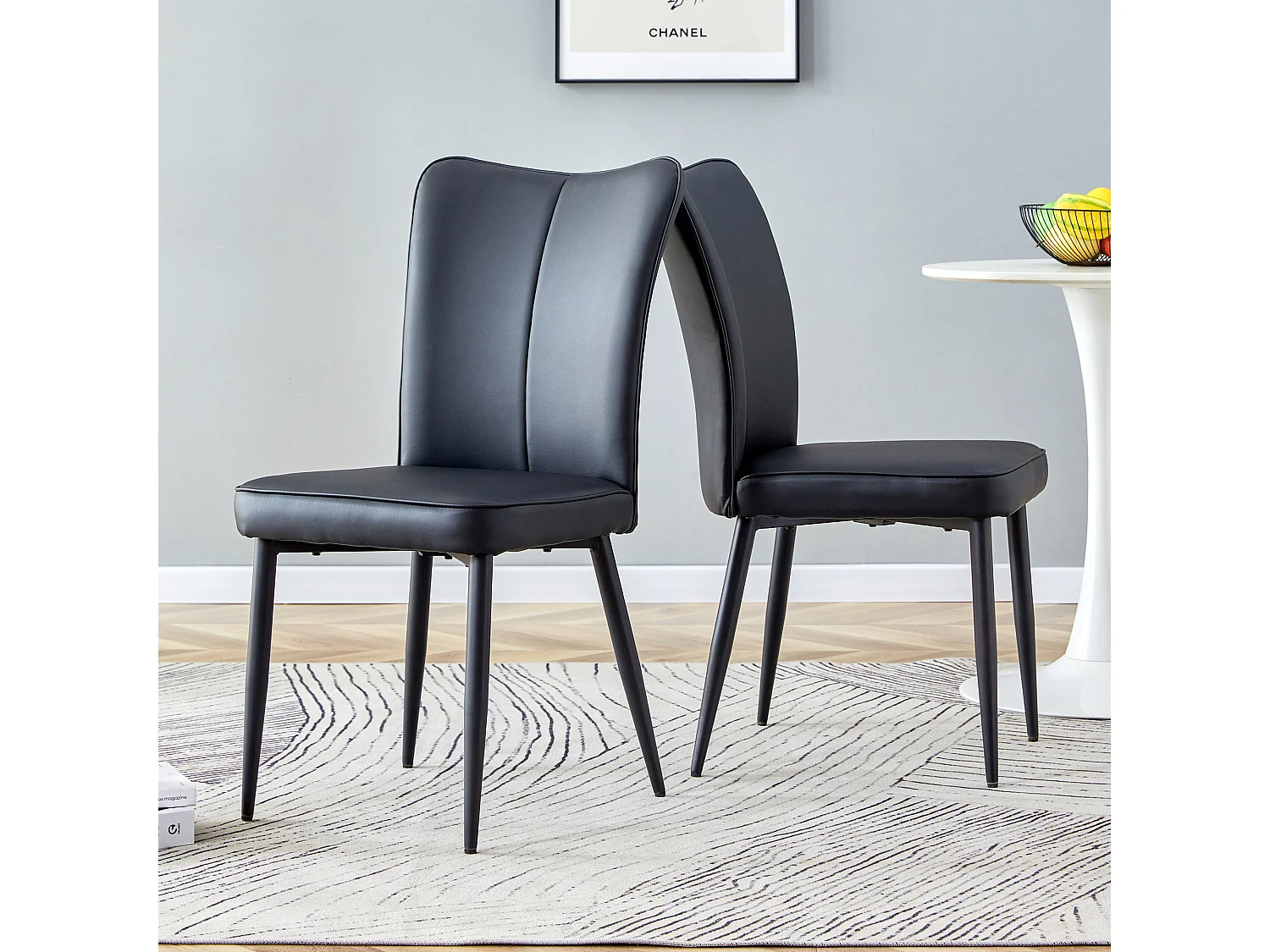Chaise de salle à manger moderne, PU noir, pieds métalliques noirs, design minimaliste (44x44.5x99 cm)