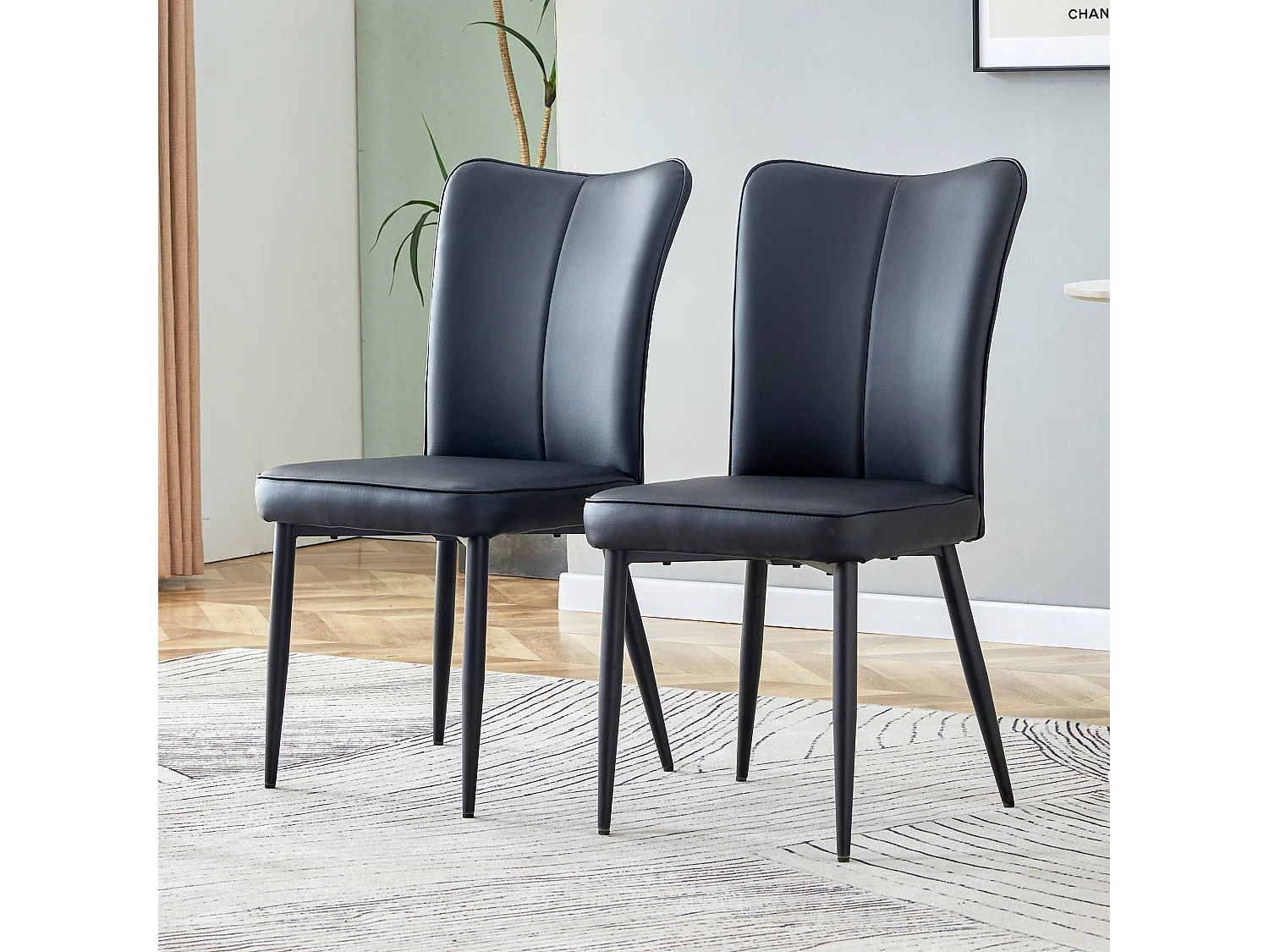 Chaise de salle à manger moderne, PU noir, pieds métalliques noirs, design minimaliste (44x44.5x99 cm)