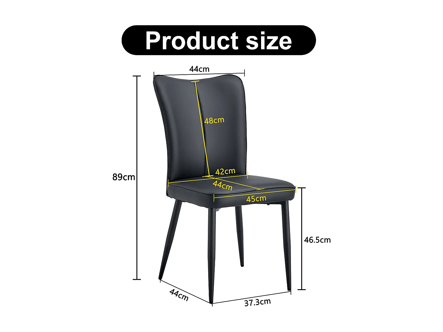 Chaise de salle à manger moderne, PU noir, pieds métalliques noirs, design minimaliste (44x44.5x99 cm)