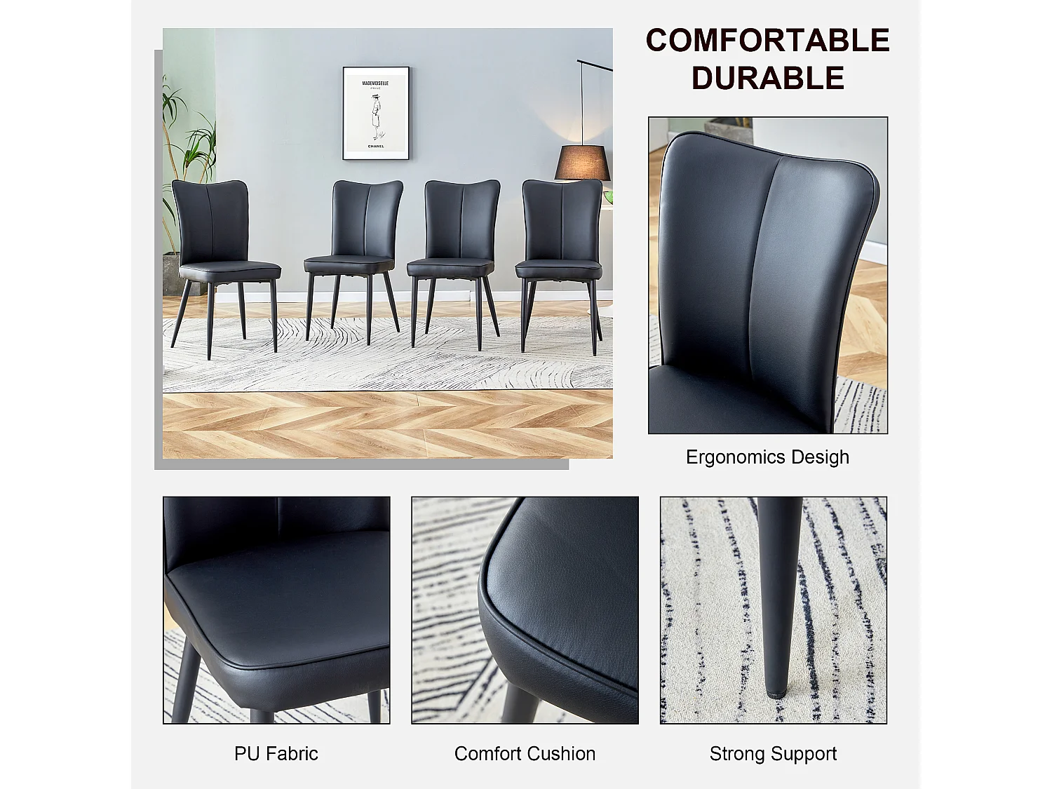 Chaise de salle à manger moderne, PU noir, pieds métalliques noirs, design minimaliste (44x44.5x99 cm)