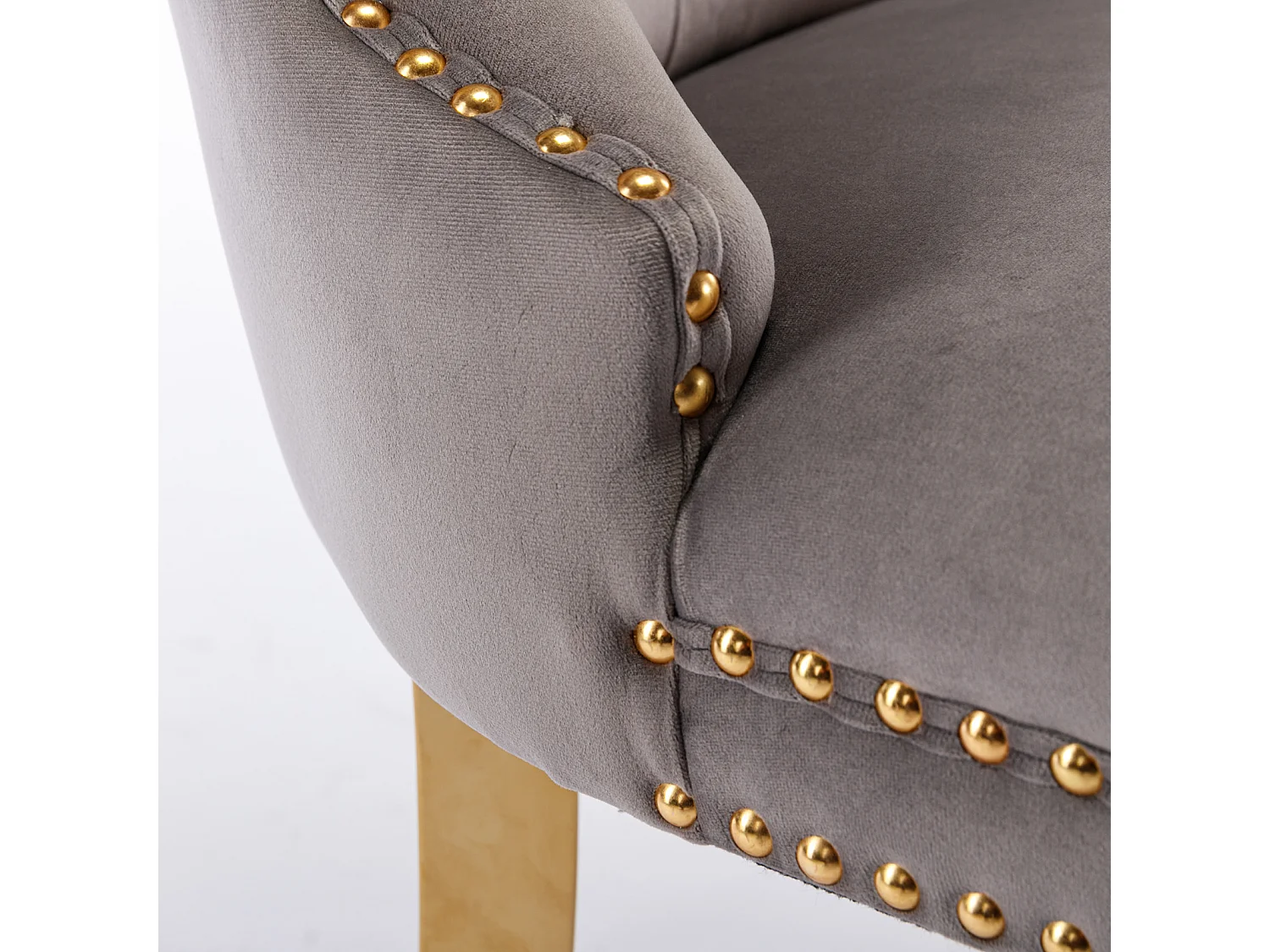 Chaise de salle à manger moderne, velours gris, pieds en acier inoxydable doré, clous décoratifs, lot de 2 (65x50x95 cm)