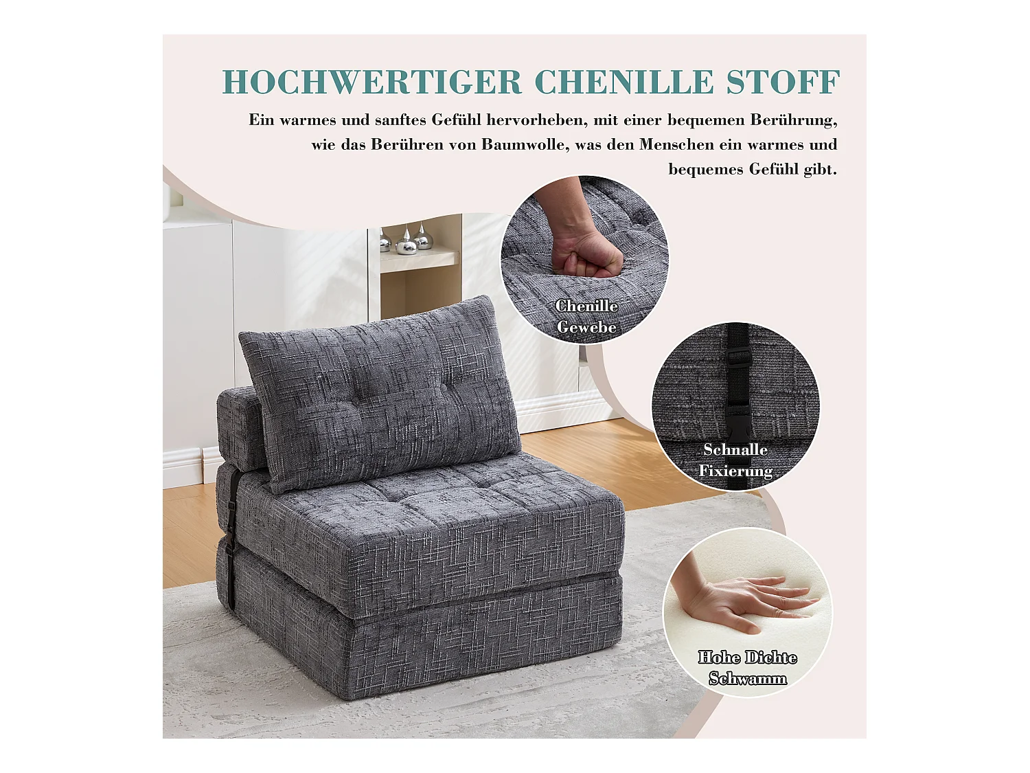 Opvouwbare slaapbank met kussens, opvouwbare matras met rugleuning, draagbaar, grijze chenillestof (79x79x57 cm)