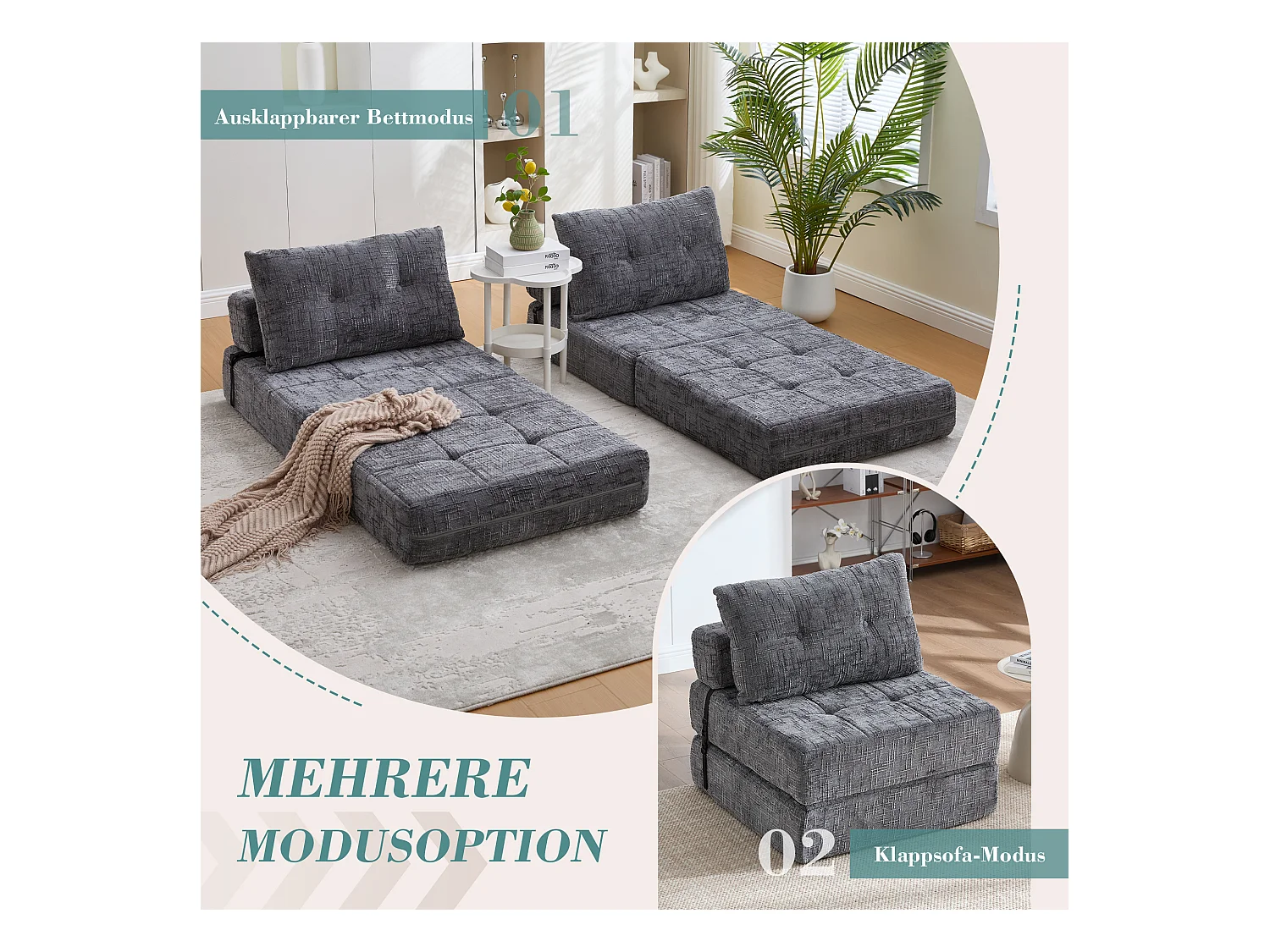 Opvouwbare slaapbank met kussens, opvouwbare matras met rugleuning, draagbaar, grijze chenillestof (79x79x57 cm)