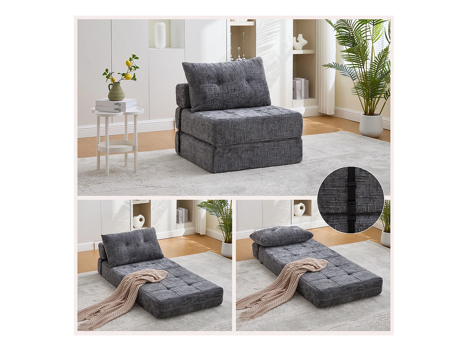 Canapé-lit pliable avec coussins, matelas pliant avec dossier, portable, tissu chenille gris (79x79x57 cm)