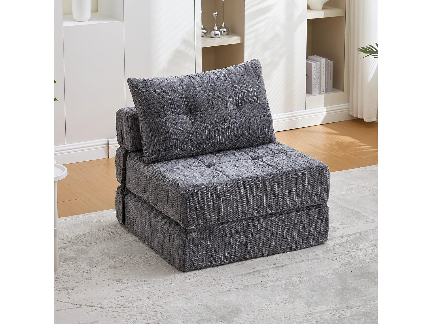 Canapé-lit pliable avec coussins, matelas pliant avec dossier, portable, tissu chenille gris (79x79x57 cm)